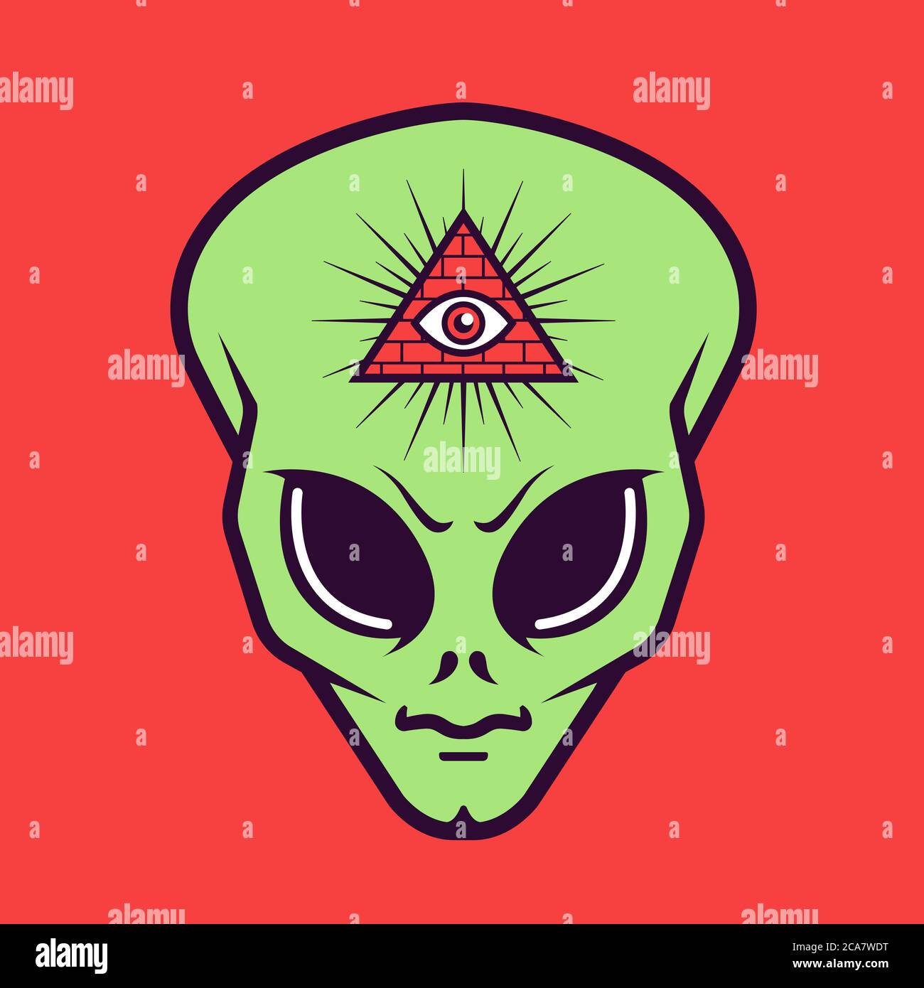 Alien Kopf mit einem Freimaurer Dreieck Zeichen mit einem Auge. Geheime Gesellschaft. Flache Vektorgrafik. Stock Vektor