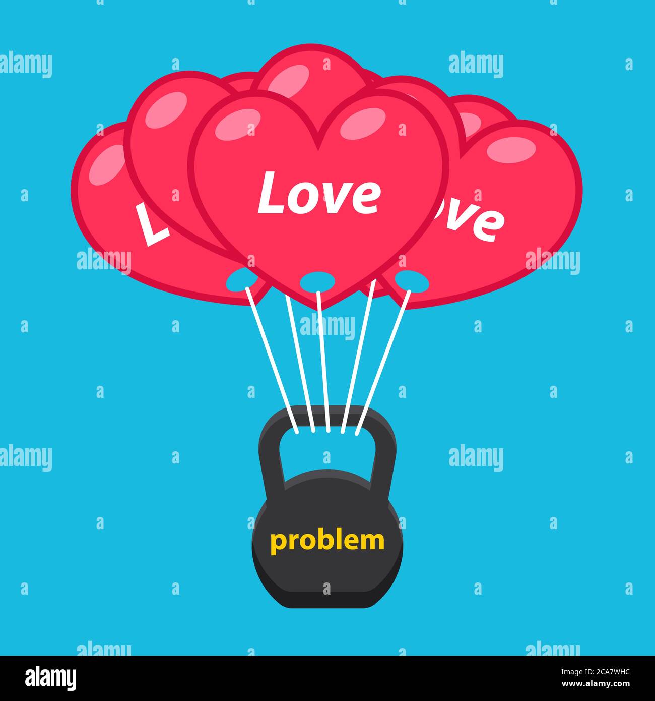Luftballons der Liebe erhöhen ein schweres Gewicht von Problemen. Flaches Vektorbanner. Stock Vektor