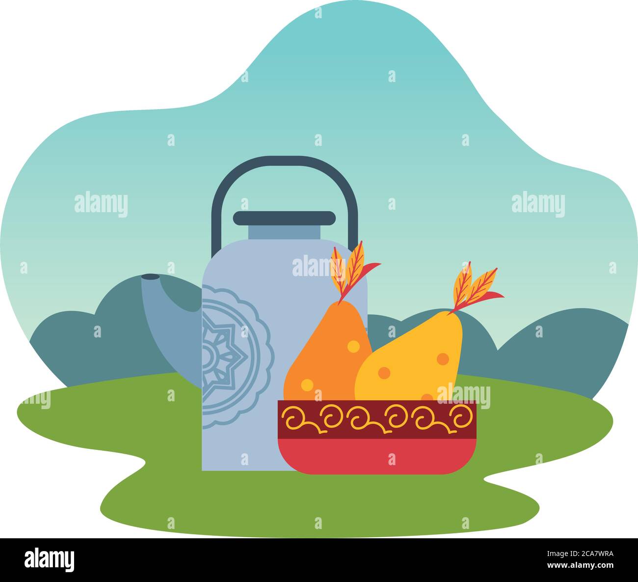 Keramik Teekanne mit Früchten im Camp Vektor Illustration Design Stock Vektor