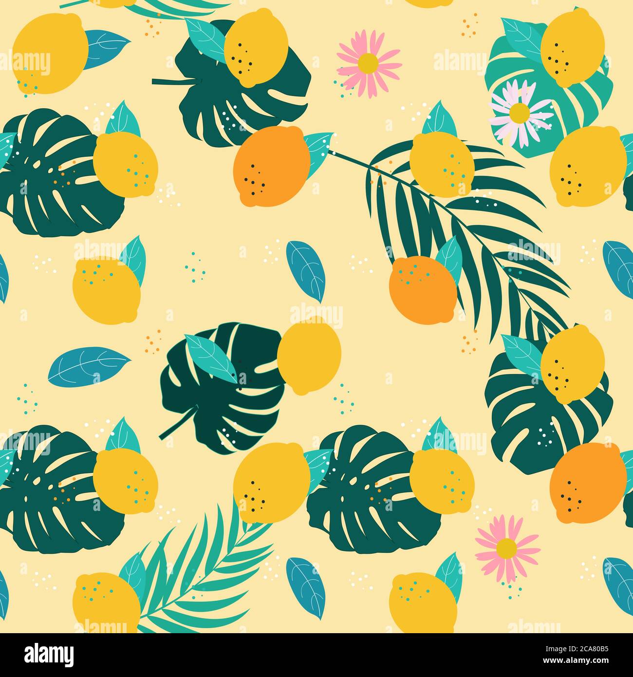 Abstrakt Nahtloses Muster Hintergrund mit Zitrone und Palmenblätter Vektor Illustration Stock Vektor