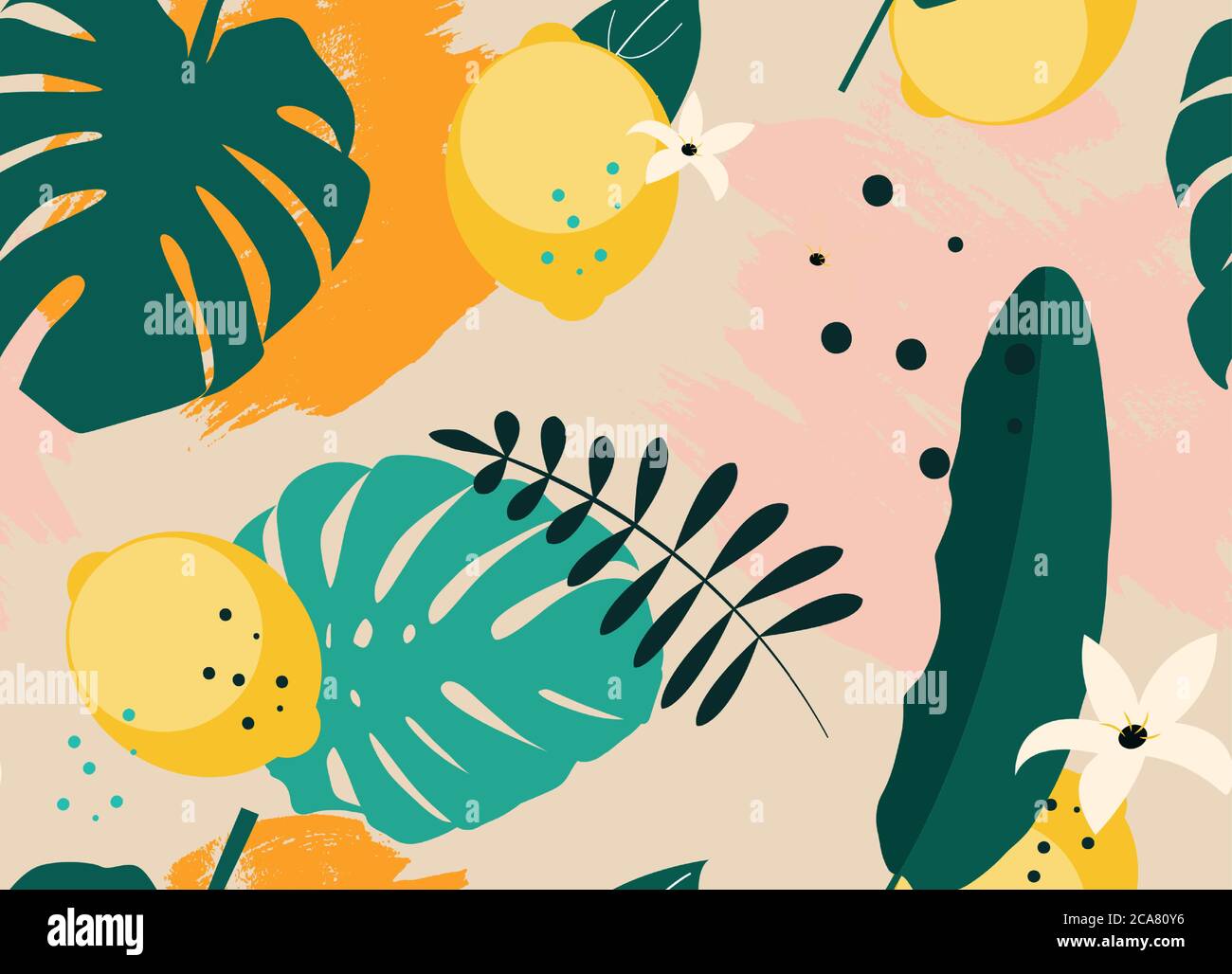 Abstrakt Nahtloses Muster Hintergrund mit Zitrone und Palmenblätter Vektor Illustration Stock Vektor