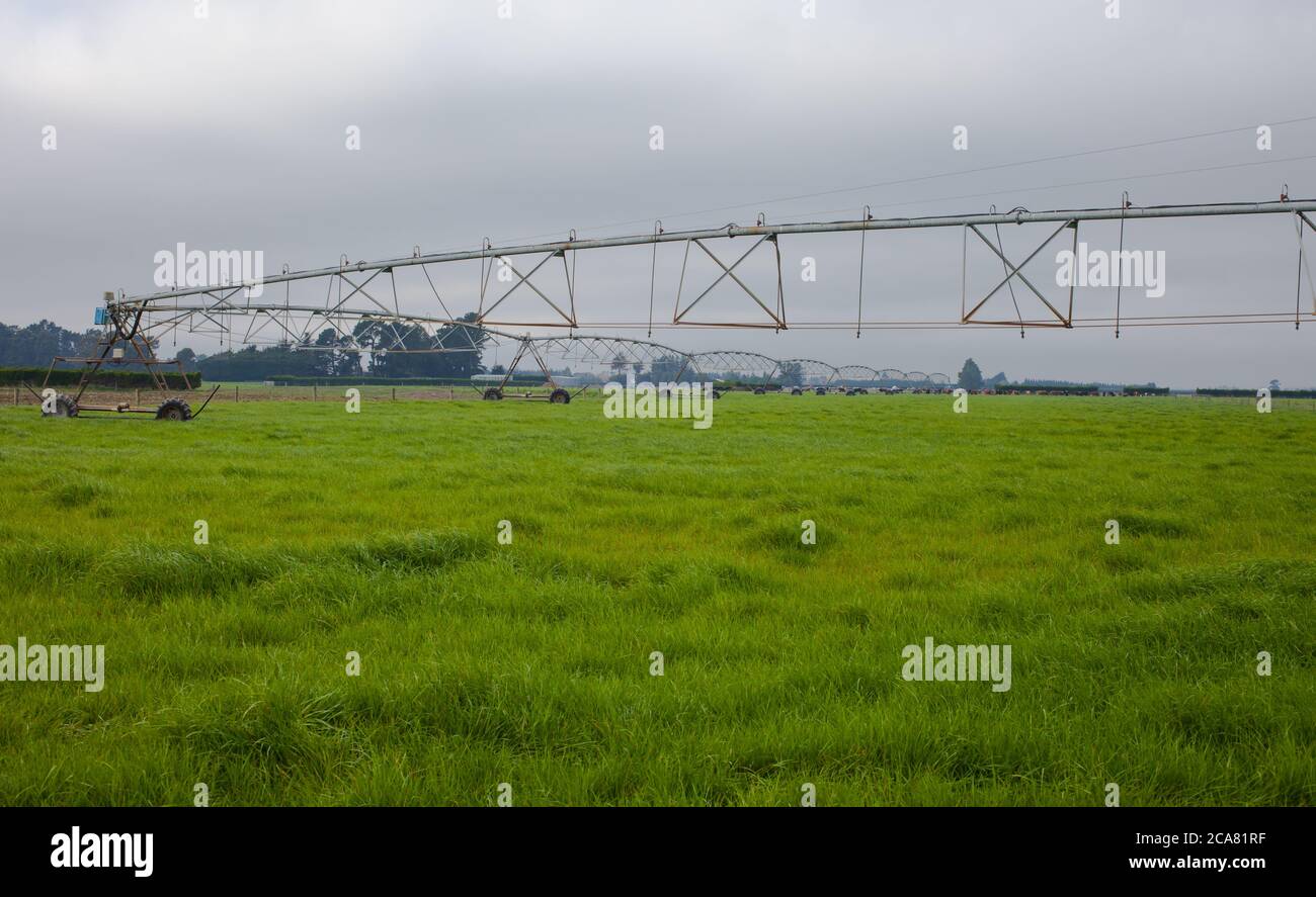 Neuseeland Landschaftsszenen: Bewässerung Infrastruktur: Center-Pivot Irrigator Bewässerung einer kreisförmigen oder halbkreisförmigen Paddock. Stockfoto