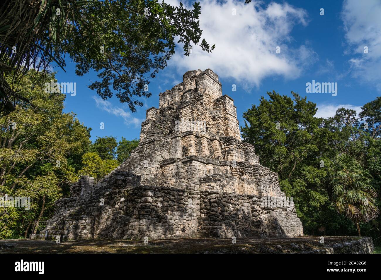 Struktur 8I-13, El Castillo oder das Schloss in den Ruinen der Maya-Stadt Muyil oder Chunyaxche im UNESCO-Weltbiosphärenreservat Sian Ka'an. Stockfoto