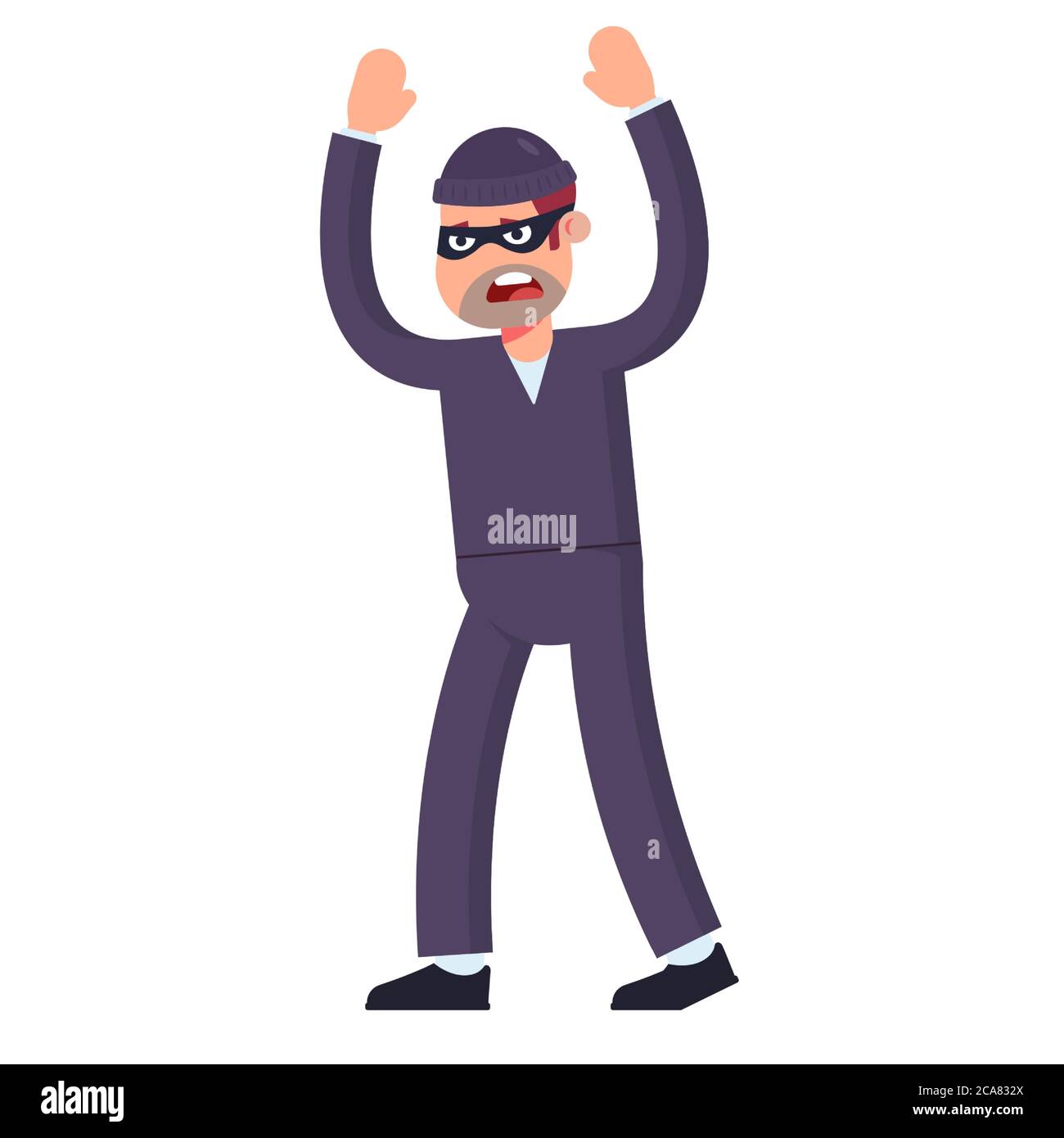 Dieb gibt auf, hebt die Hände hoch. Gefangen am Tatort. Flache Vektordarstellung Stock Vektor