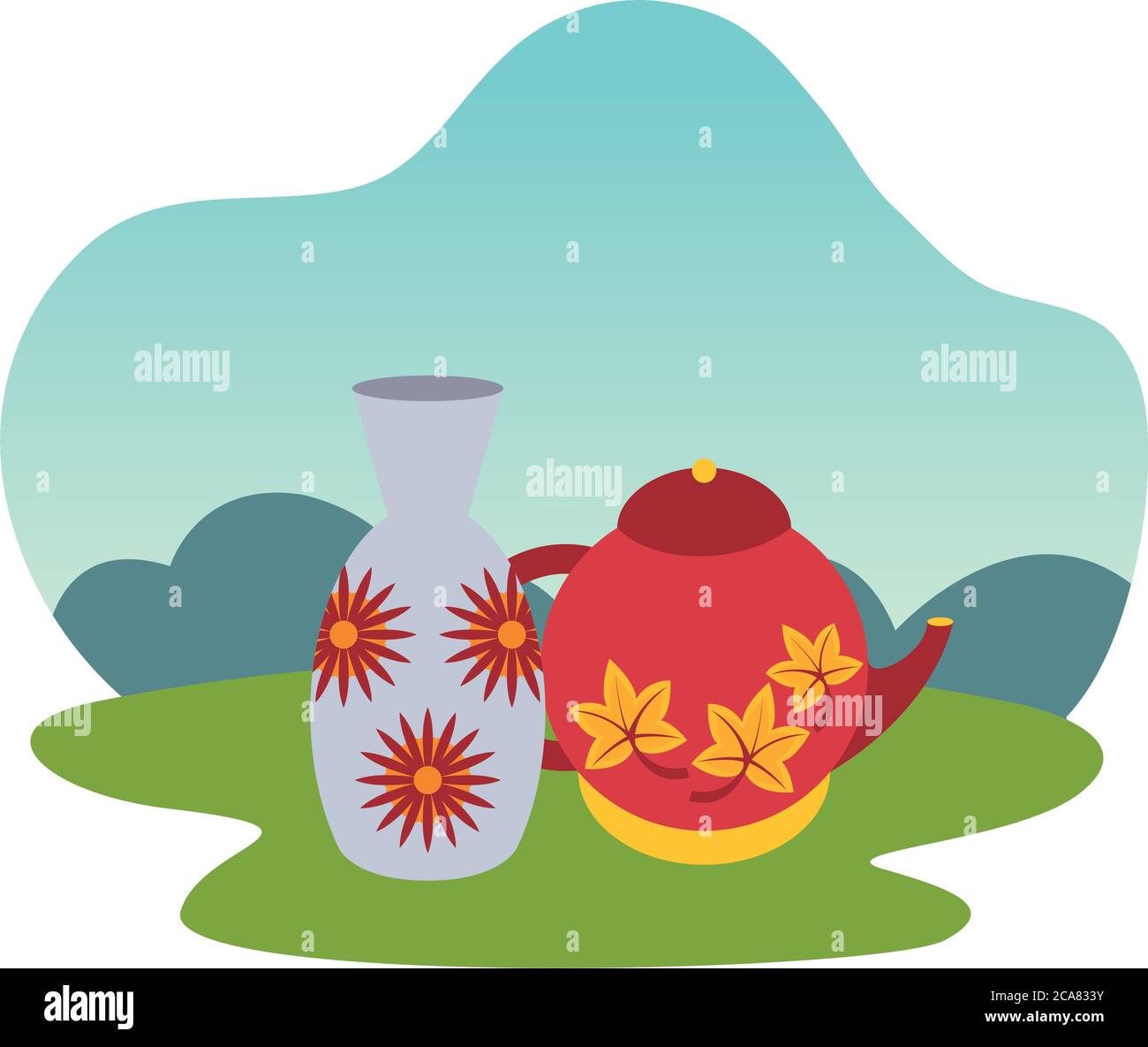 Keramik Glas und Teekanne mit Blumen Herbst Utensilien Vektor Illustration Design Stock Vektor