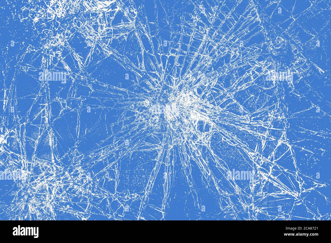 Risse auf Glas Textur gebrochenes Glas transparent auf blauem Hintergrund Stockfoto
