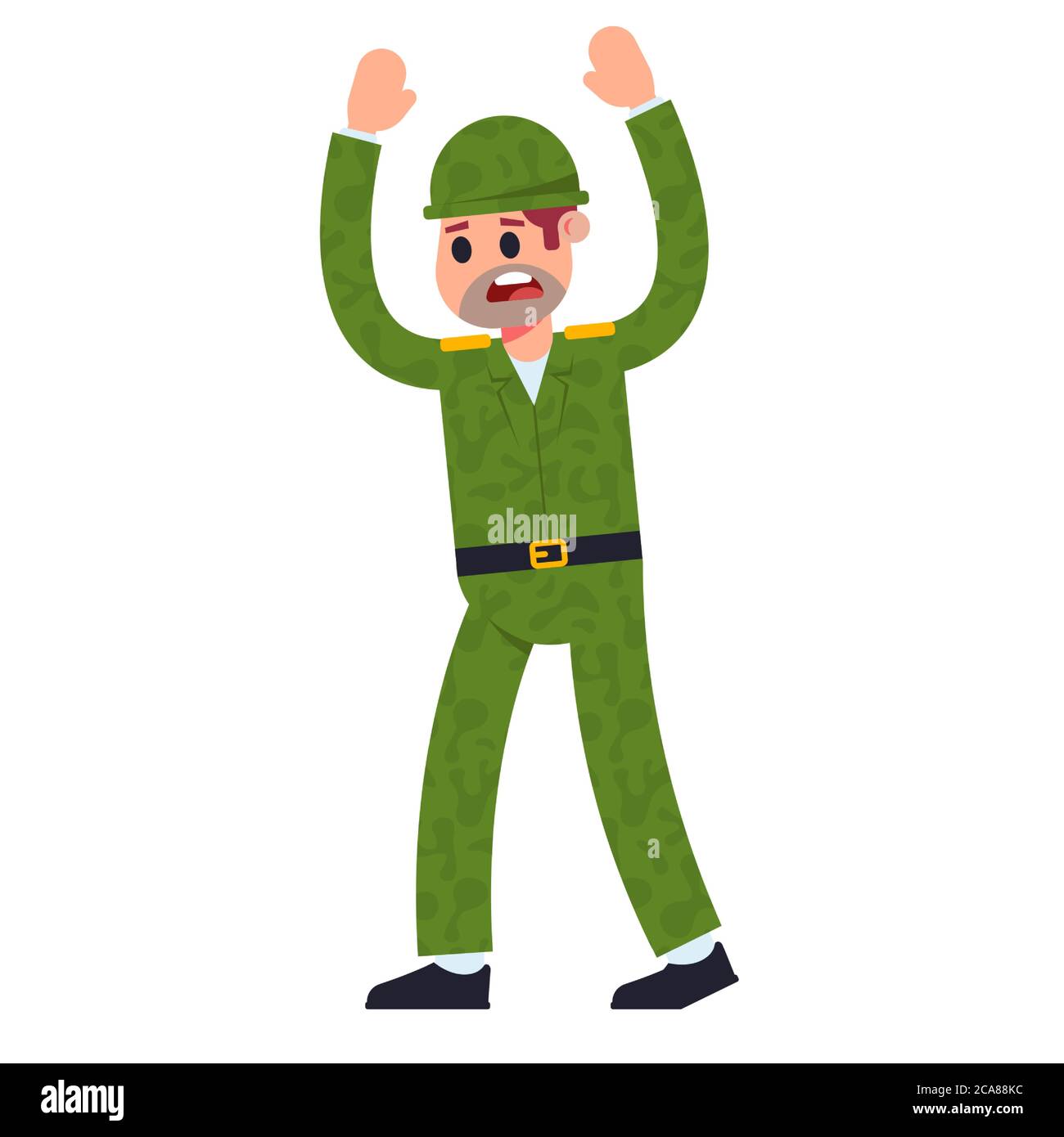 Soldat in Uniform Kapitulation. Flache Zeichenvektordarstellung auf weißem Hintergrund. Stock Vektor