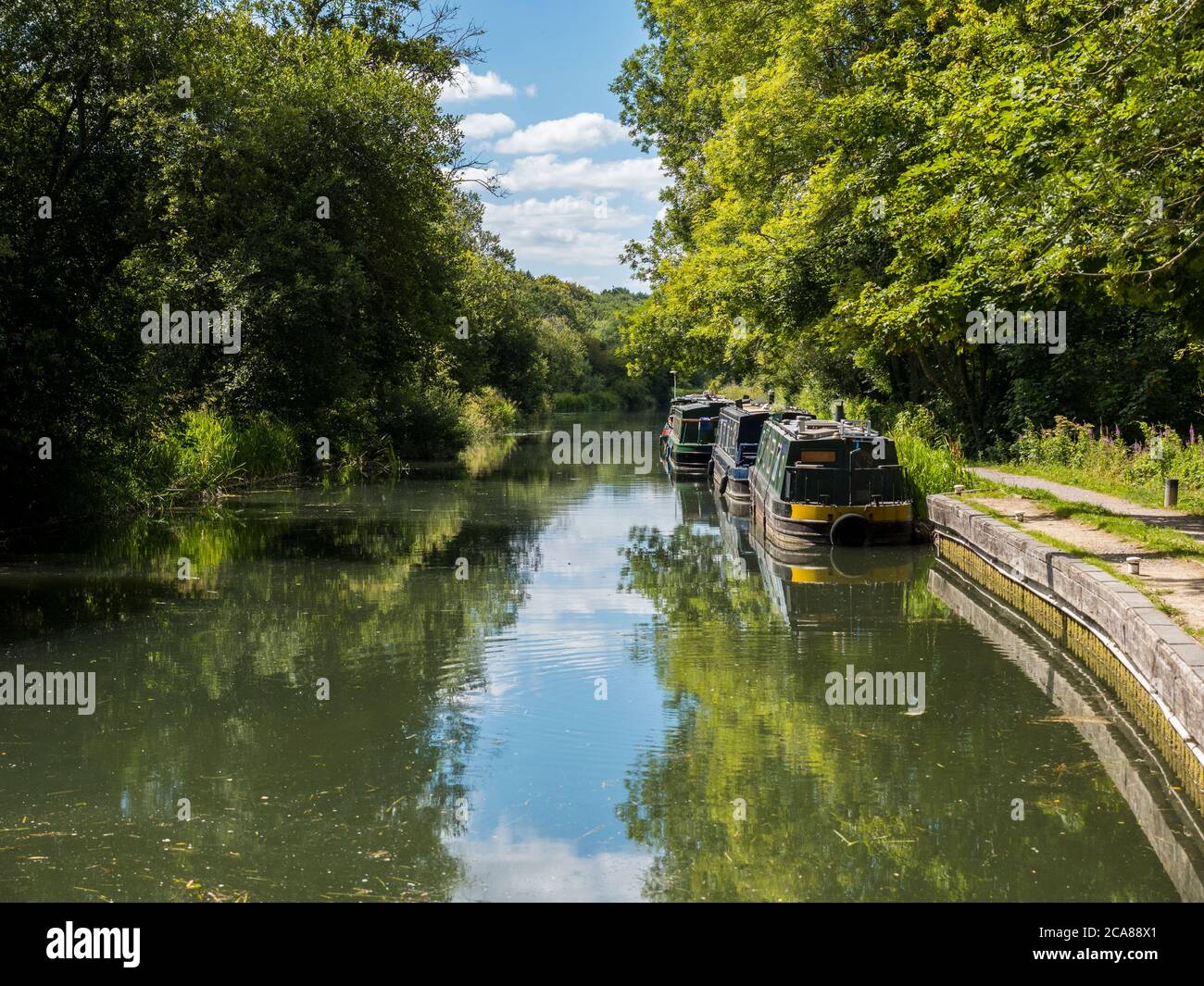 Schöne friedliche Landschaft, Kennet und Avon Canal, Newbury, Berkshire, England, Großbritannien, GB. Stockfoto