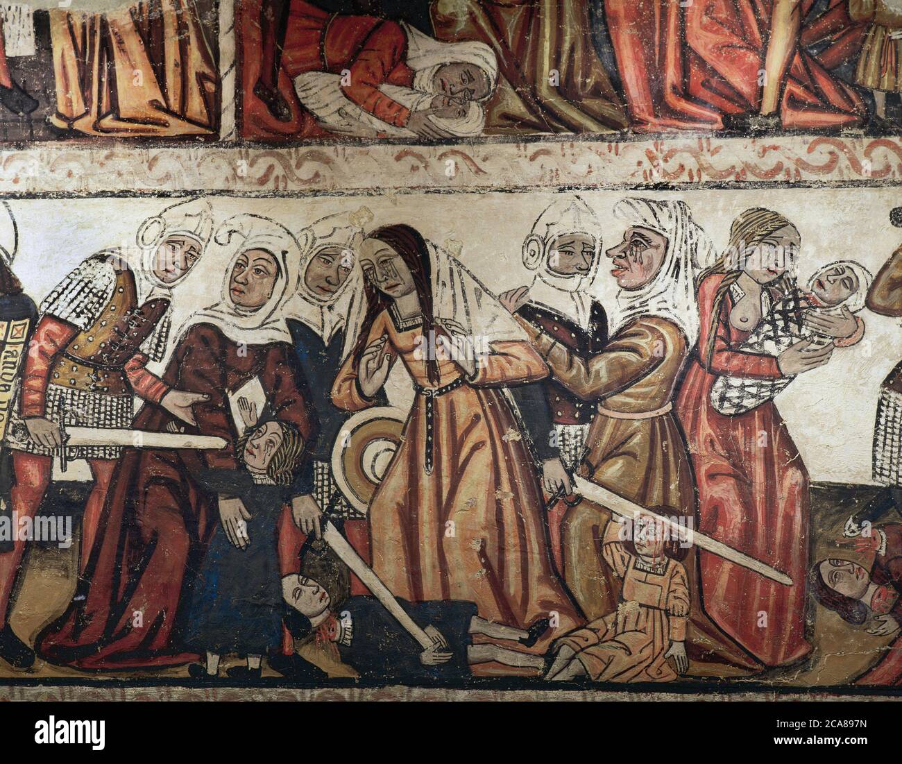 Massaker der Unschuldigen. Wandmalereien des Mittelschiffs, 14. Jahrhundert. Details. Kathedrale Von Mondoñedo. Lugo Provinz, Galicien, Spanien. Stockfoto