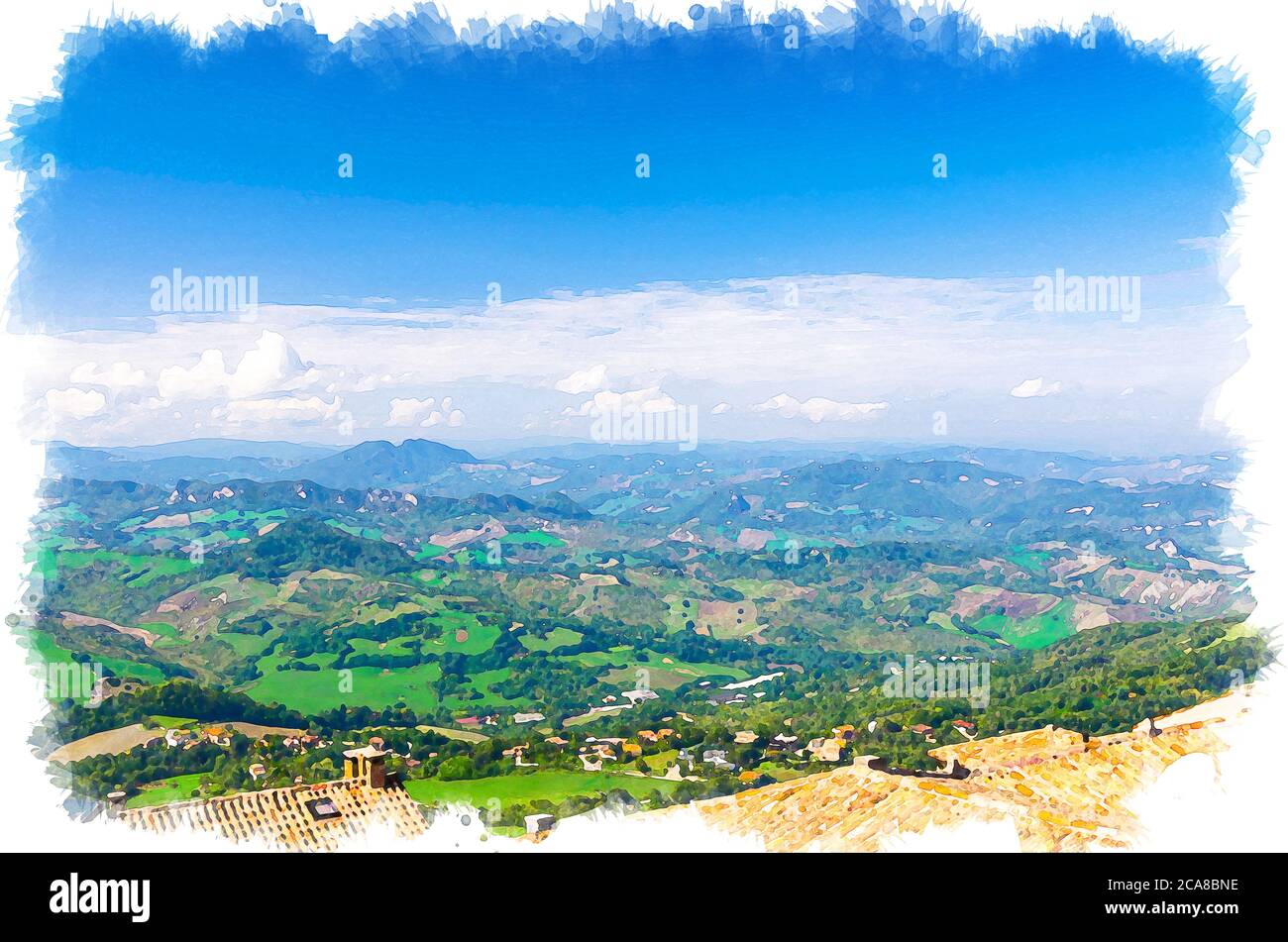 Aquarell Zeichnung von Luft oben Panoramablick auf Landschaft mit Tal, grünen Hügeln, Feldern und Dörfern der Republik San Marino Vorstadt mit blauen Himmel weißen Wolken. Blick von der Festung San Marino. Stockfoto