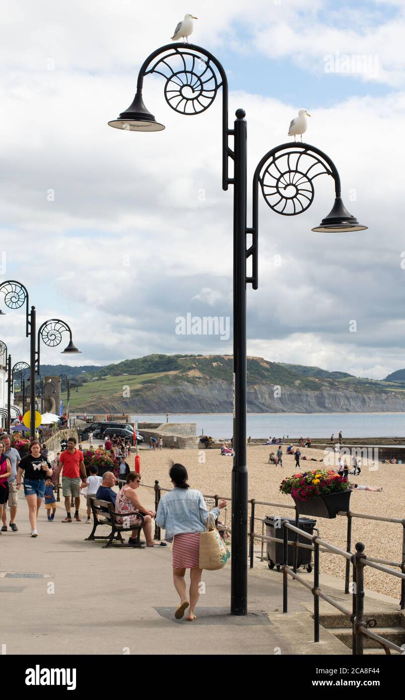 Lyme Regis, Dorset, UK Sea Front mit Ammonit Straßenlaterne, Menschen zu Fuß, sitzen am Strand und Klippen der Jurassic Coast im Hintergrund. Stockfoto