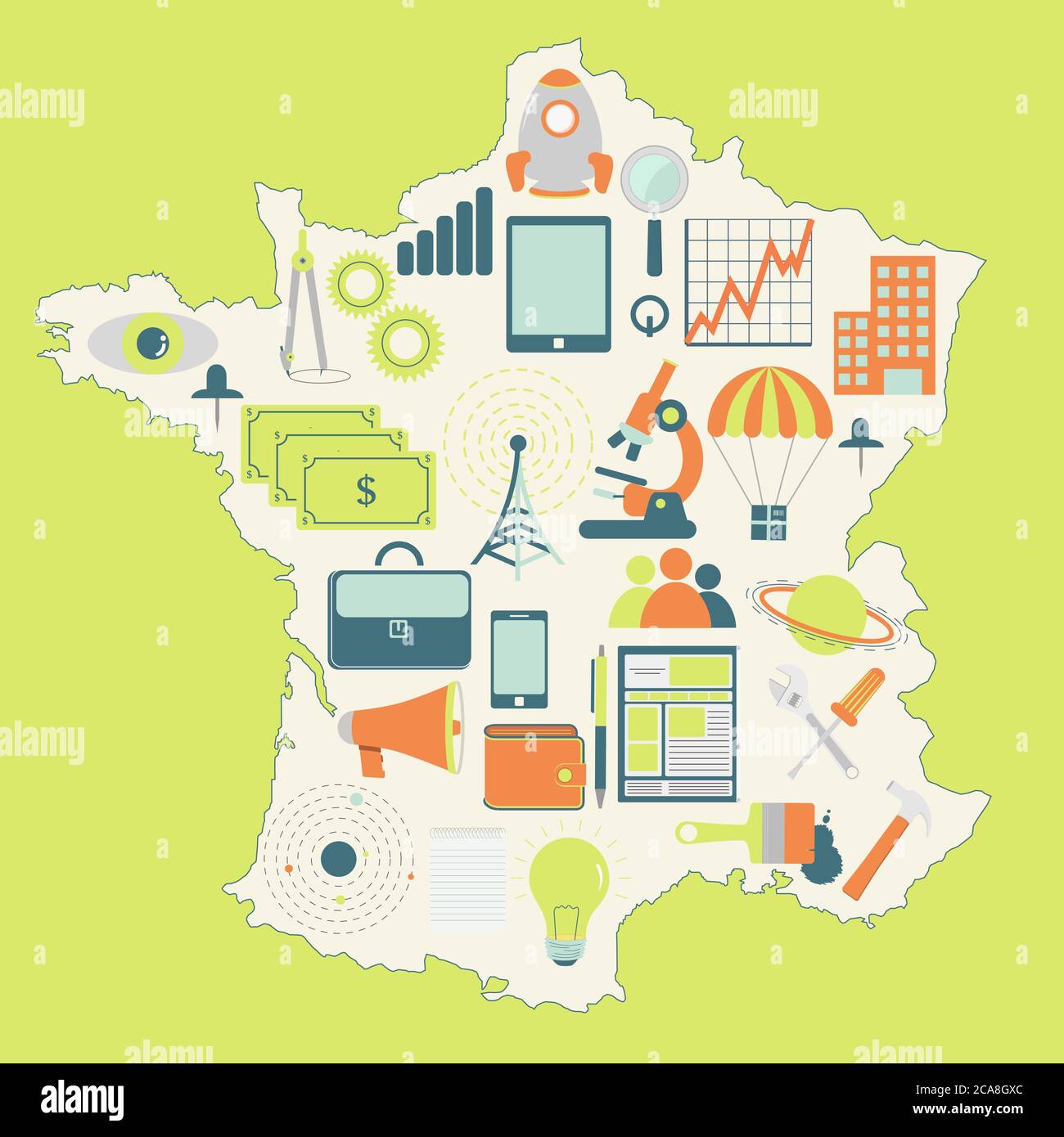 Konturkarte von Frankreich mit Ikonen der Technologie, der Wirtschaft, der Wissenschaft, der Kommunikation Stock Vektor