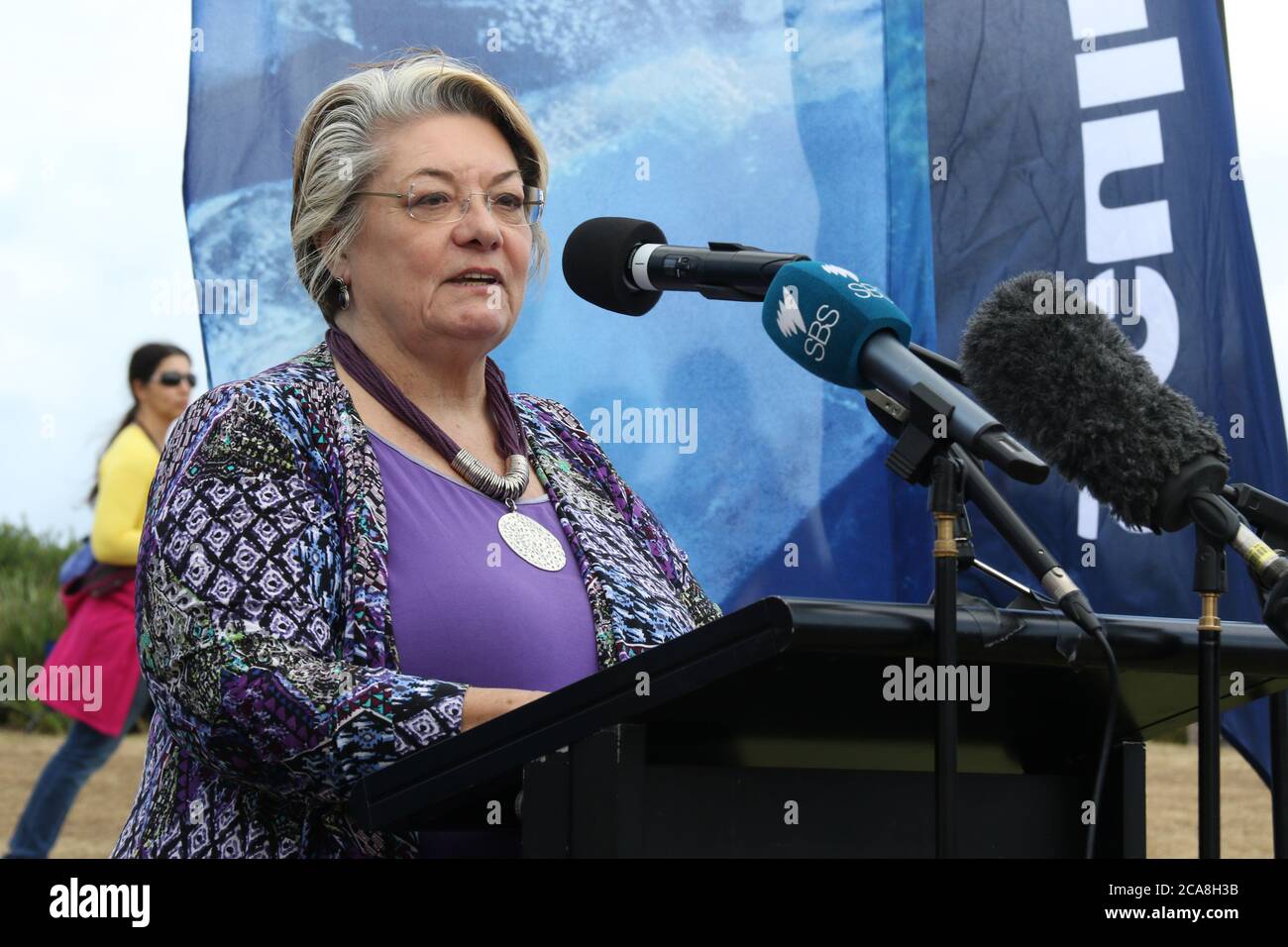 Waverley Bürgermeister Sally Betts spricht bei der Skulptur am Meer, Bondi 2015 Award Ankündigungen in Marks Park, Tamarama. Stockfoto