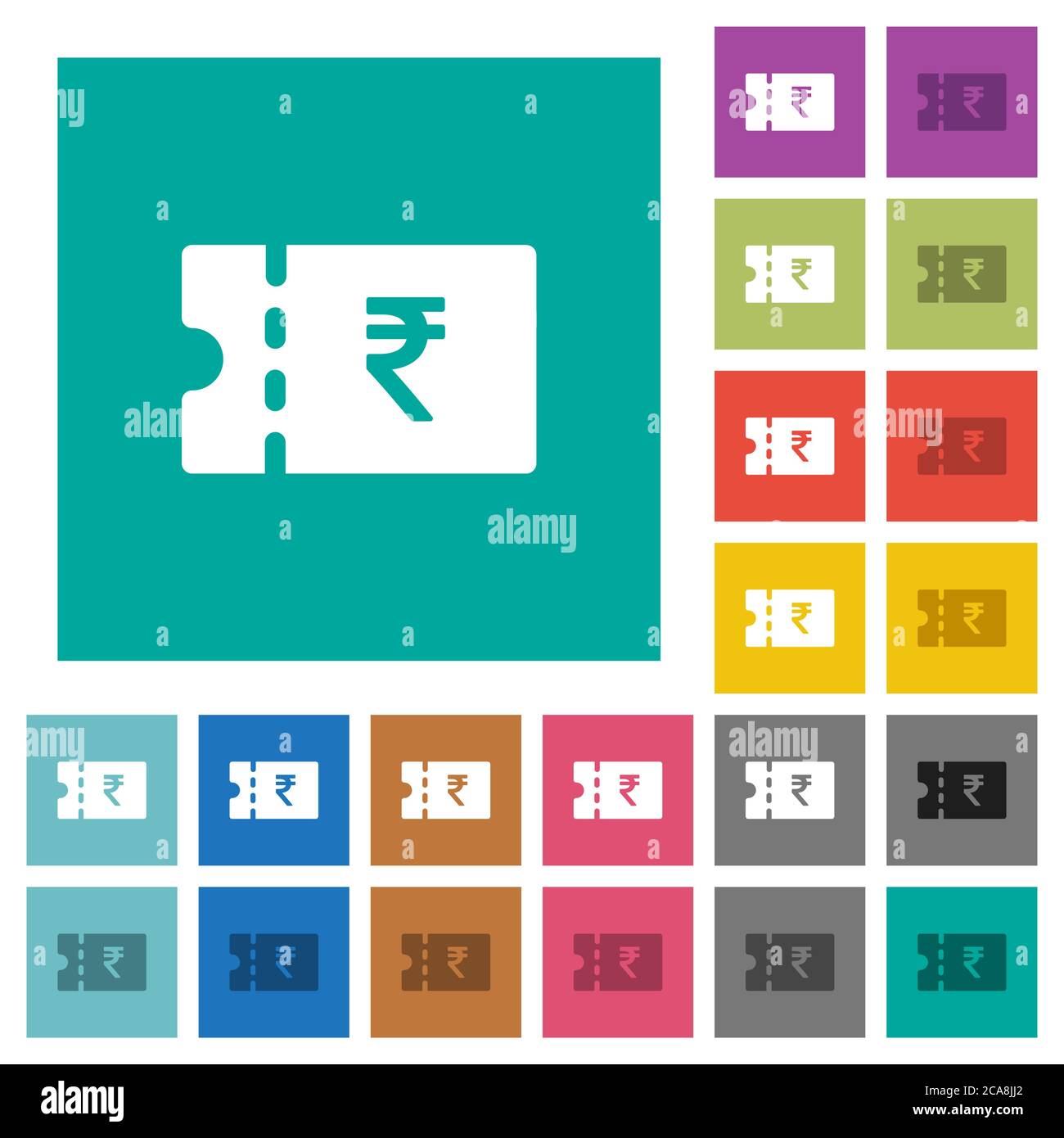 Indische Rupie Rabatt-Gutschein mehrfarbige flache Symbole auf einfachen quadratischen Hintergründe. Weiße und dunklere Symbolvarianten für Hover- oder aktiven Effekt enthalten Stock Vektor