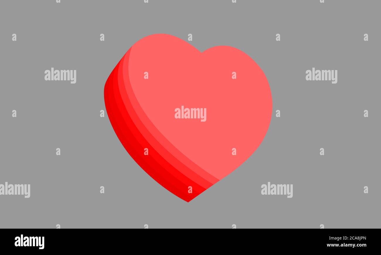 Die rote Herzplatte ist in Schichten geschichtet. Seitenansicht anzeigen, Herzdicke. Abbildung auf grauem Hintergrund. Stockfoto