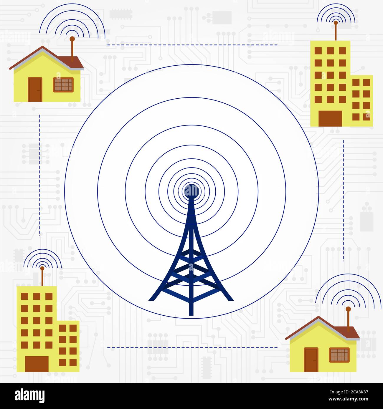 Wohnungen und Büros, die mit einem zentralen Server verbunden sind Stock Vektor
