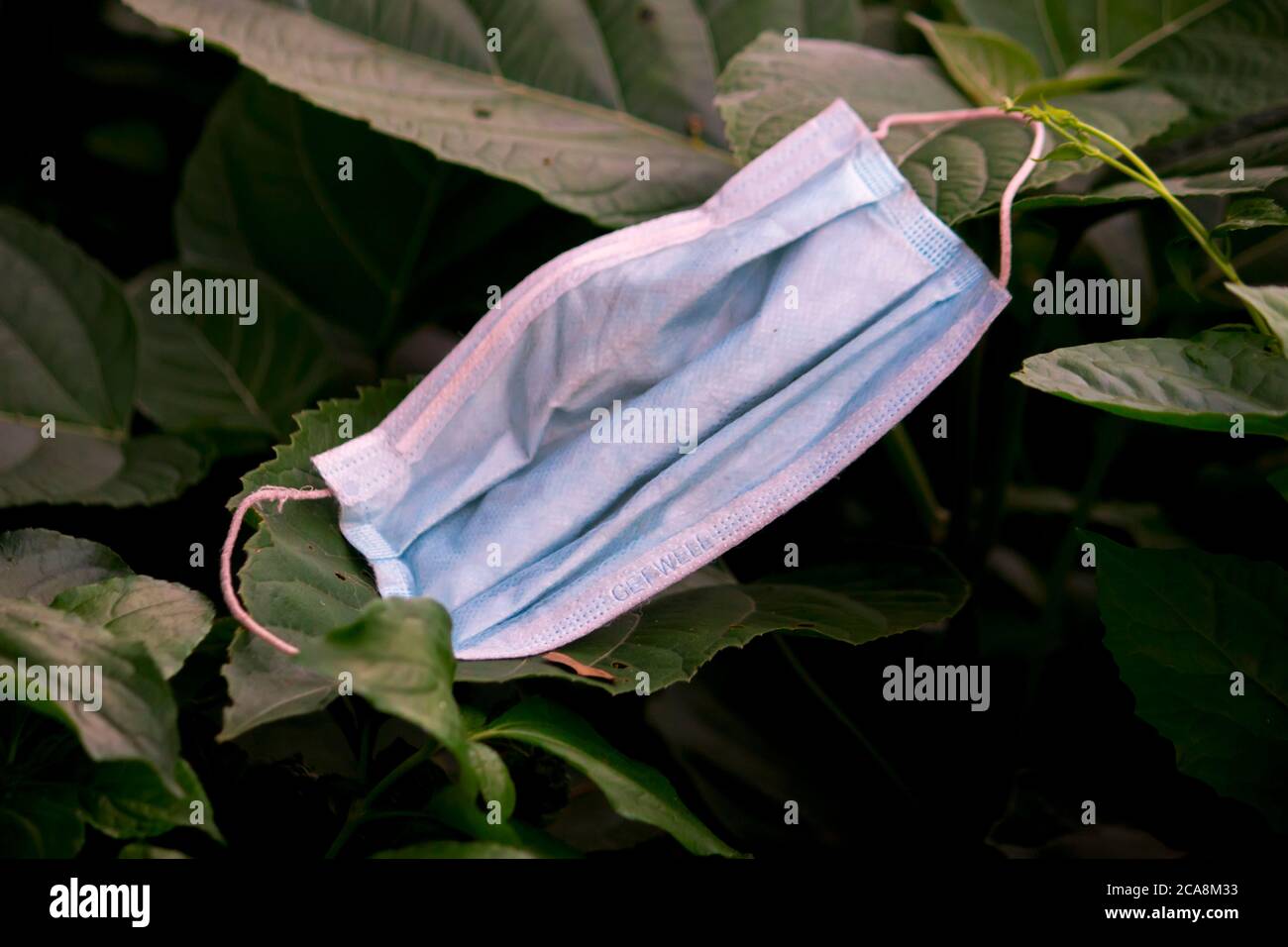 Werfen Sie gebrauchte Maske überall ist sehr unhygienisch für die Gesundheit Stockfoto