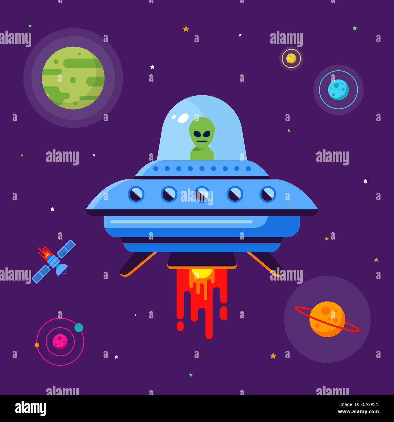 Alien-Schiff fliegt im Raum zwischen den Planeten. Grüne Alien sitzt in einer Platte. Flache Vektor-Illustration. Stock Vektor