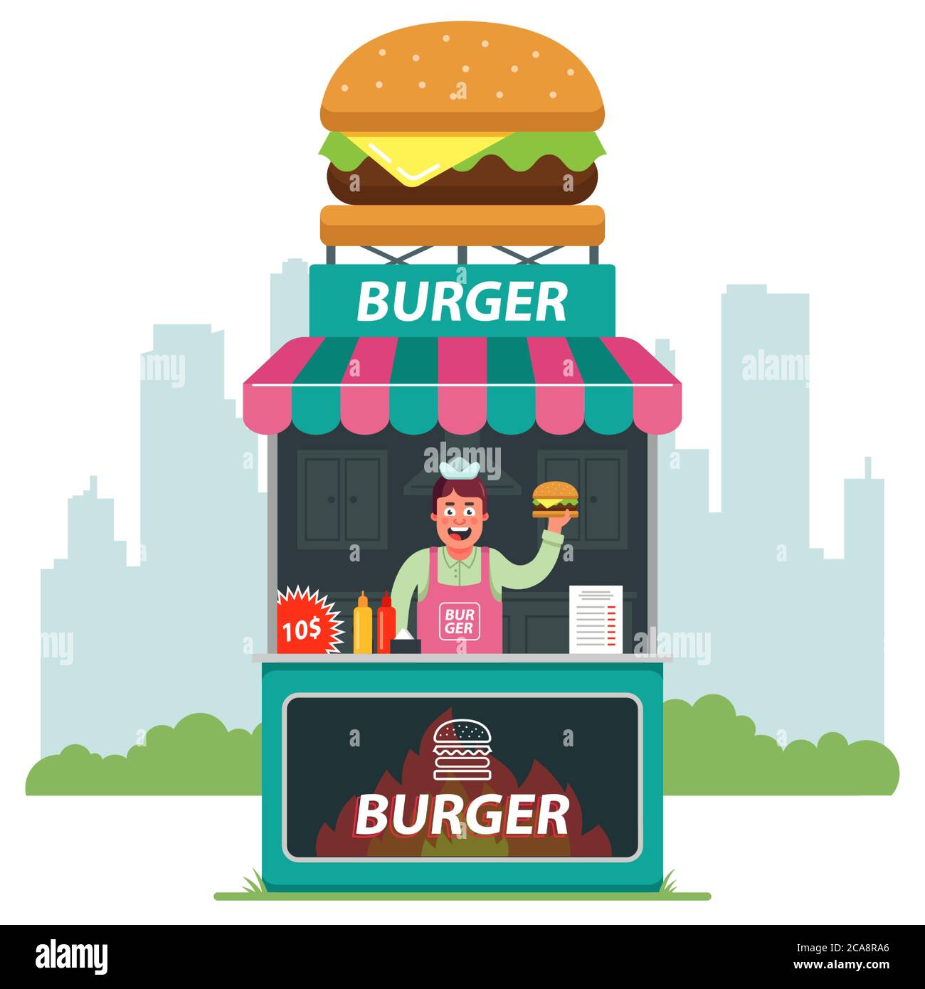 Ein Stall auf der Straße verkauft Burger vor dem Hintergrund der Stadt. verkäufer bietet Fast-Food. Flache Vektor-Illustration. Stock Vektor