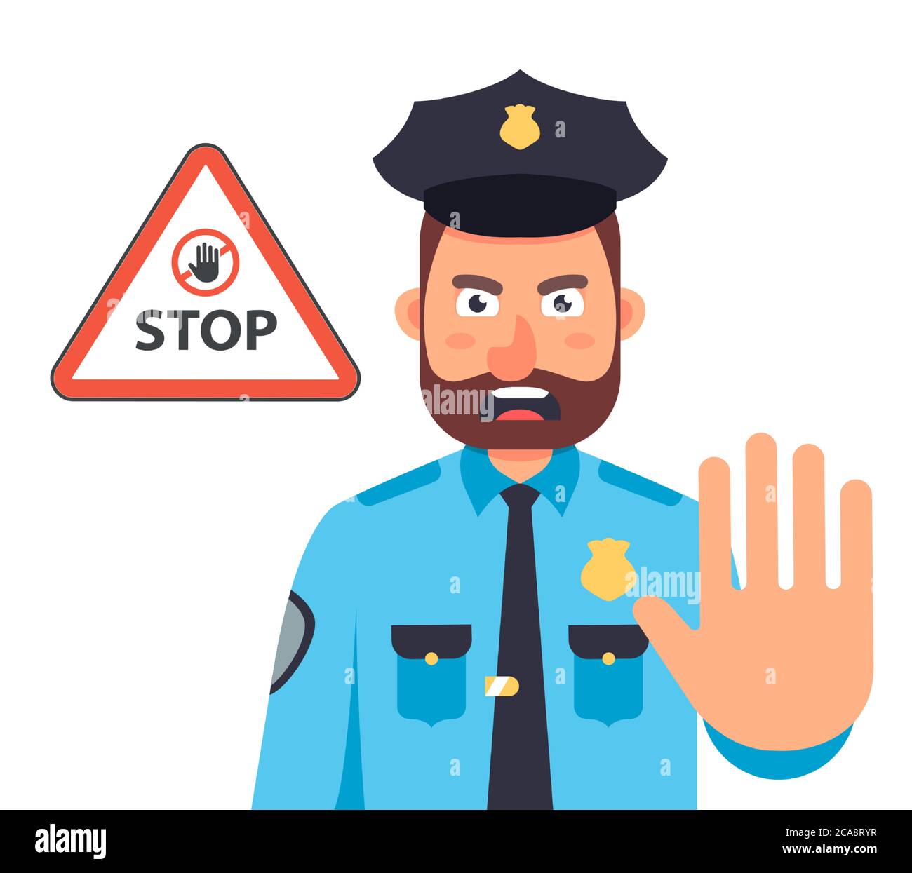 Polizist mit der Hand stoppt die Bewegung. Stop-Zeichen im Dreieck. Vektorgrafik für flache Zeichen. Stock Vektor