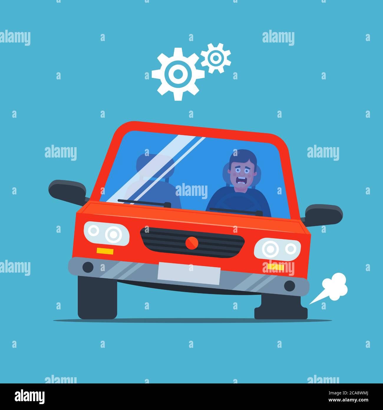 Das Auto durchbohrt das Rad und begann zu aufblasen. Verärgert Fahrer. Flache Vektor-Illustration. Stock Vektor