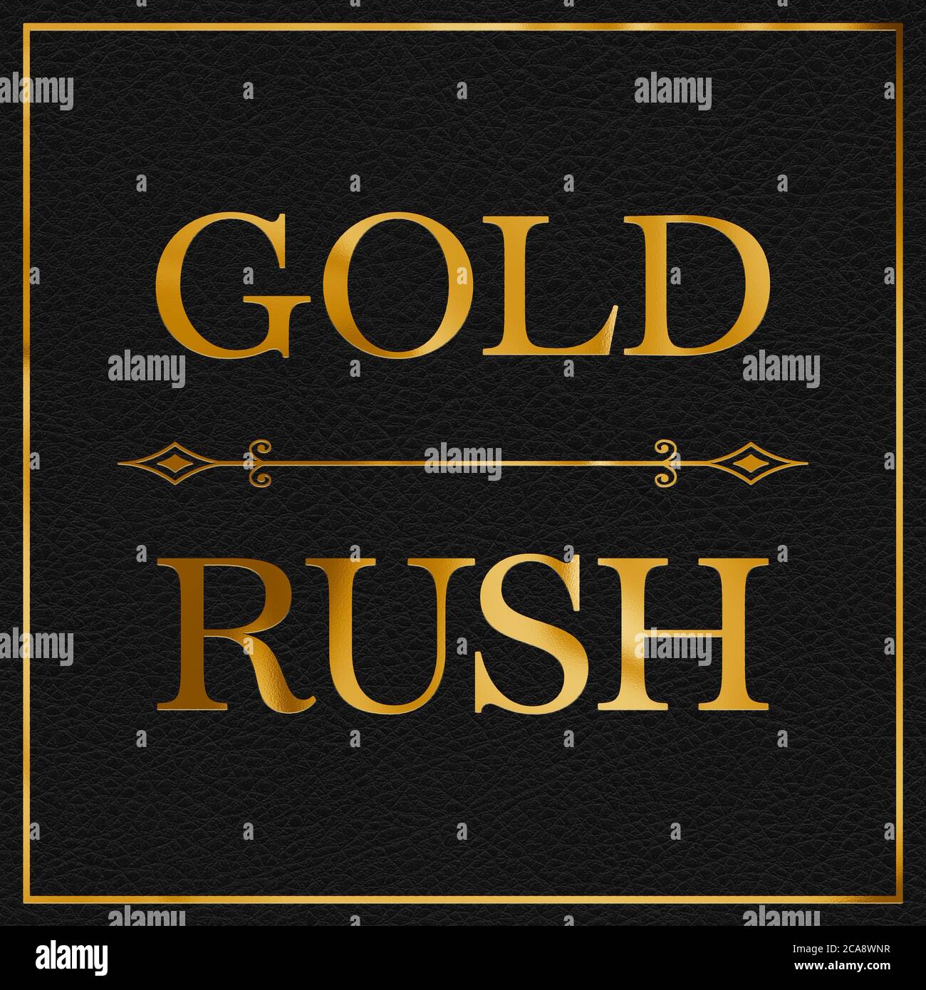 Ein Blattgold und schwarzem Leder-Effekt GOLD RUSH Phrase typografische Illustration mit schwarzem Leder Hintergrund Stockfoto