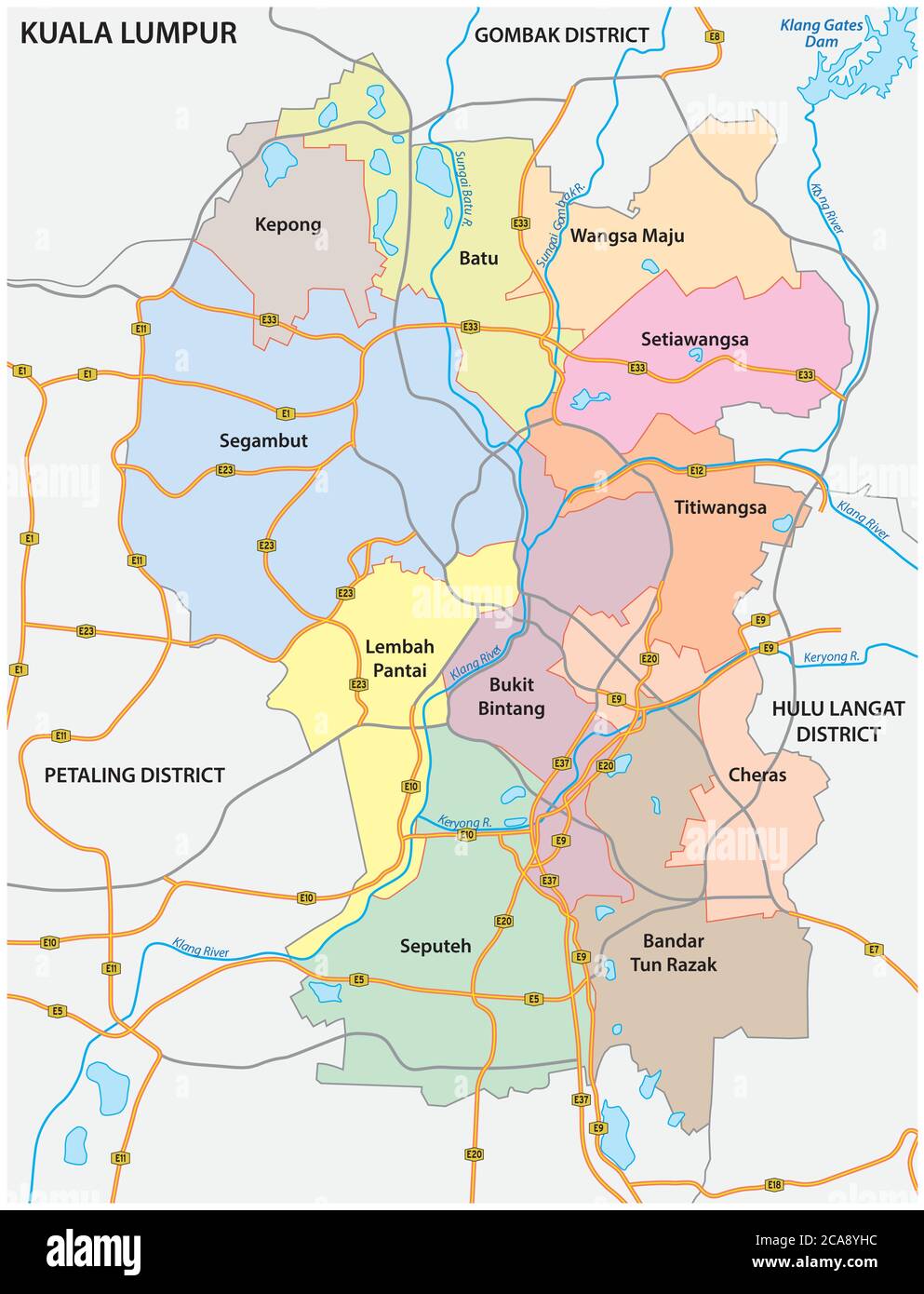 Verwaltungs- und Straßenvektorkarte der malaysischen Hauptstadt Kuala Lumpur Stock Vektor