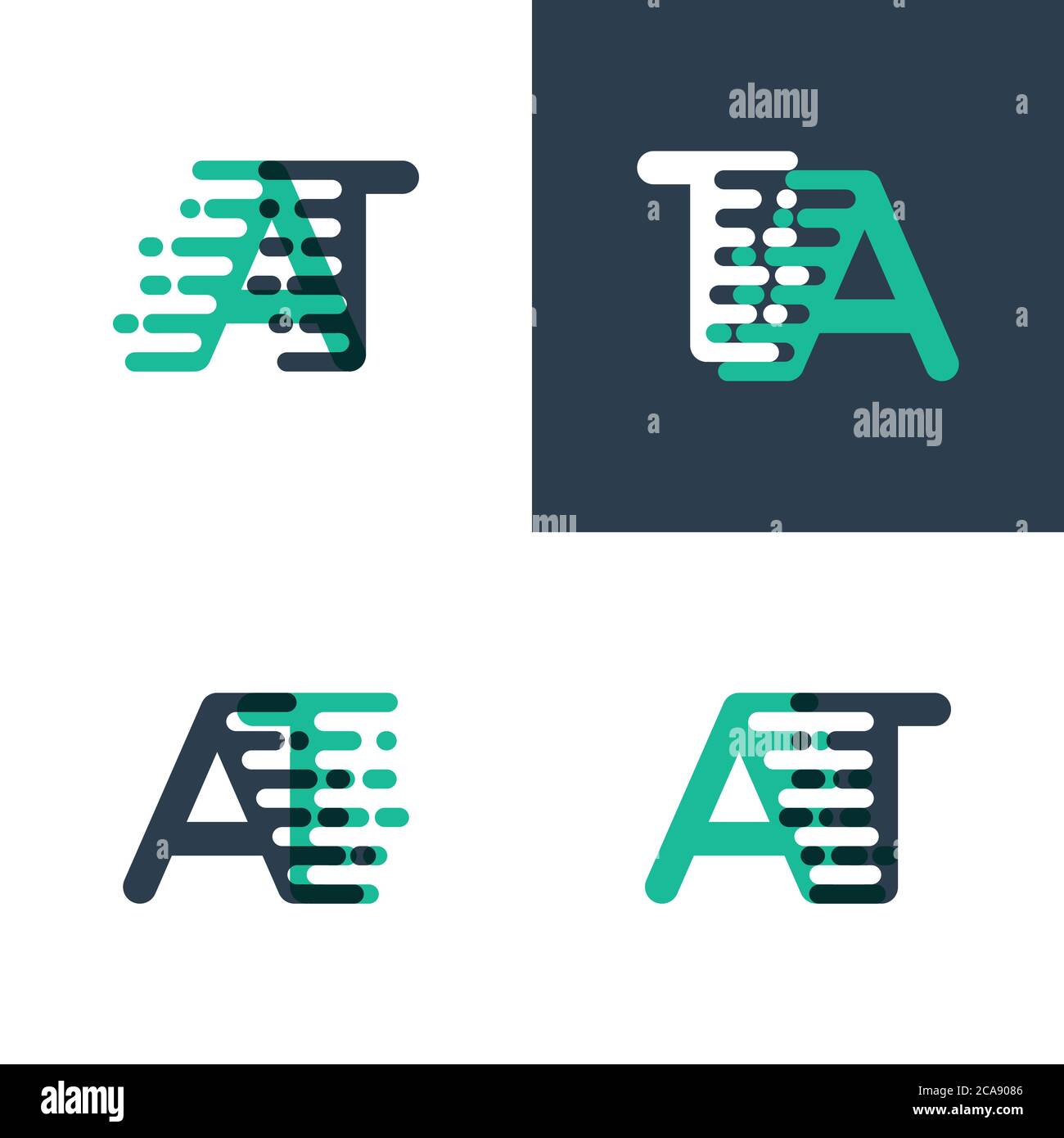 AT Buchstaben Logo mit Akzentgeschwindigkeit in tosca grün und dunkelblau Stock Vektor