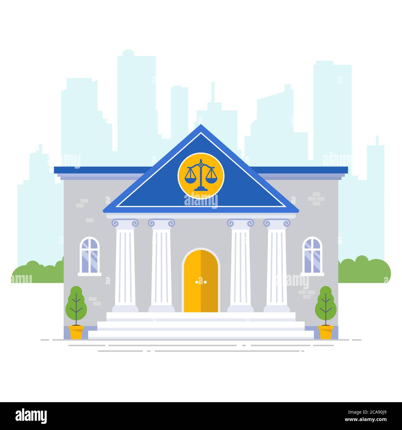 gerichtsgebäude mit Skalen-Symbol auf einem Stadthintergrund. Flache Vektorgrafik Stock Vektor