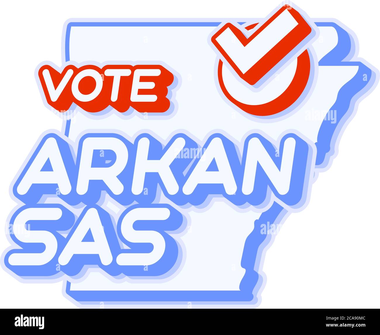 Präsidentschaftswahl in Arkansas USA 2020 Vektorgrafik. Zustandskarte mit Text zur Abstimmung und rotem Häkchen oder Häkchen der Wahl. Aufkleber isoliert auf einem wh Stock Vektor