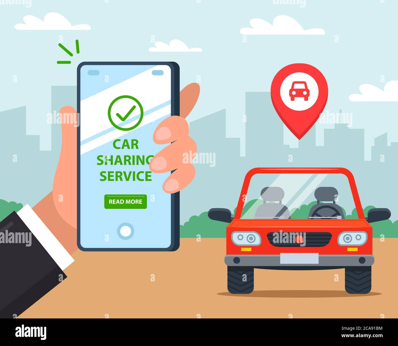 Ein Mann mietet ein Auto über eine mobile Anwendung. Flache Vektor-Illustration. Stock Vektor