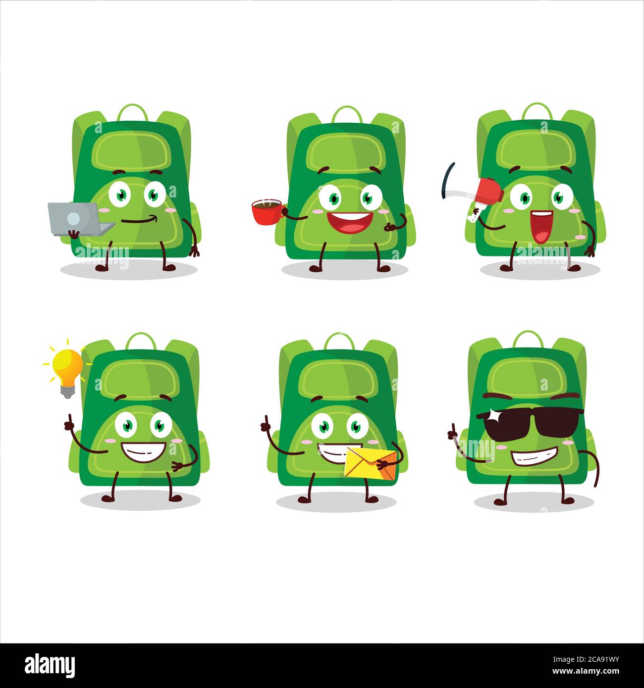 Grüne Schultasche Cartoon-Charakter mit verschiedenen Arten von Business-Emoticons Stock Vektor