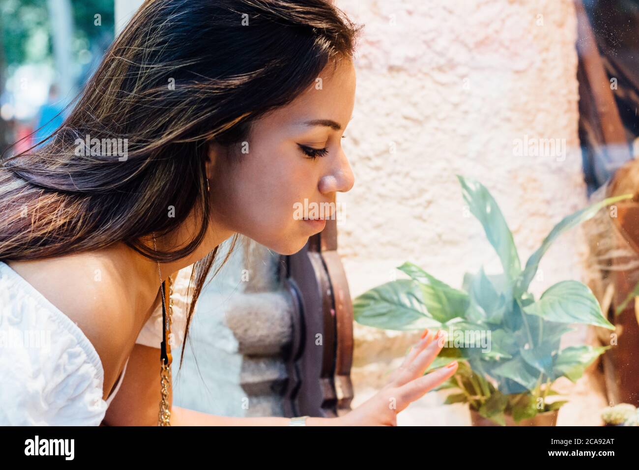 Latina Frau schaut in ein Schaufenster, während sie durch die Stadt geht Stockfoto