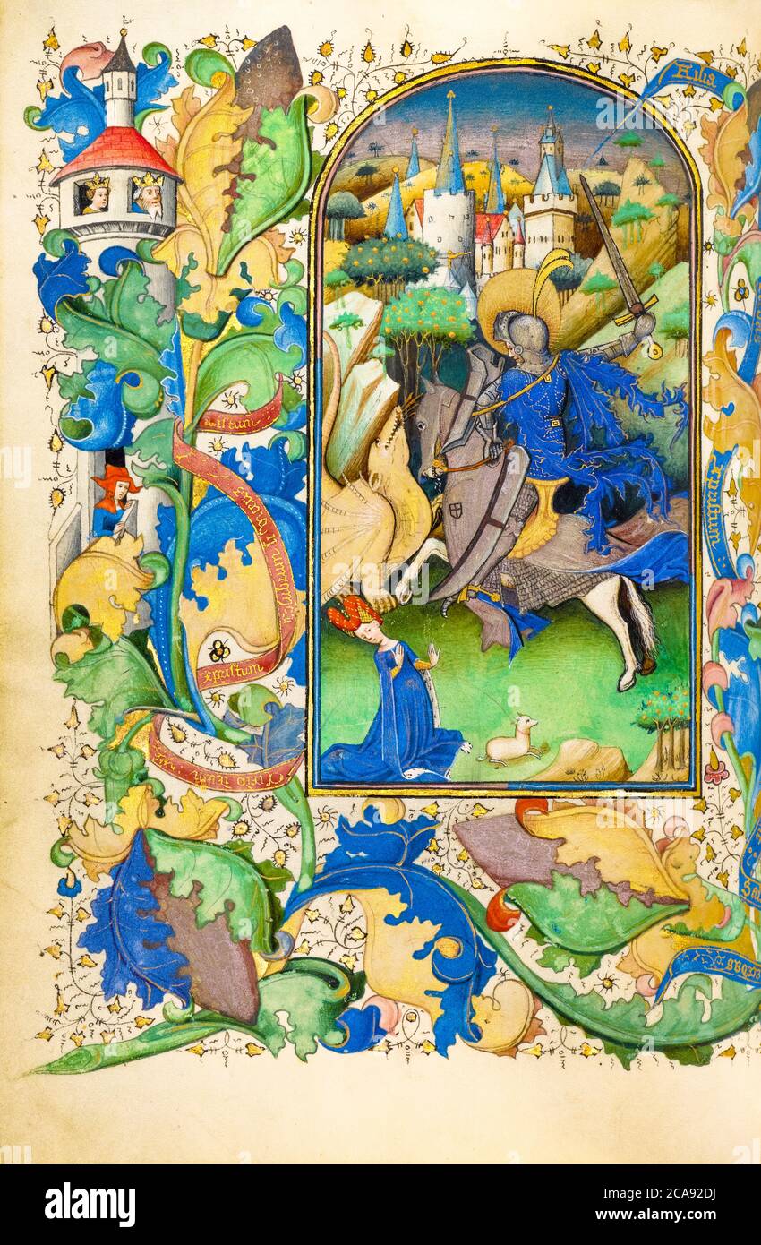 St. Georg und der Drache, illuminierte Handschrift des Meisters von Guillebert de Mets, um 1450-1455 Stockfoto