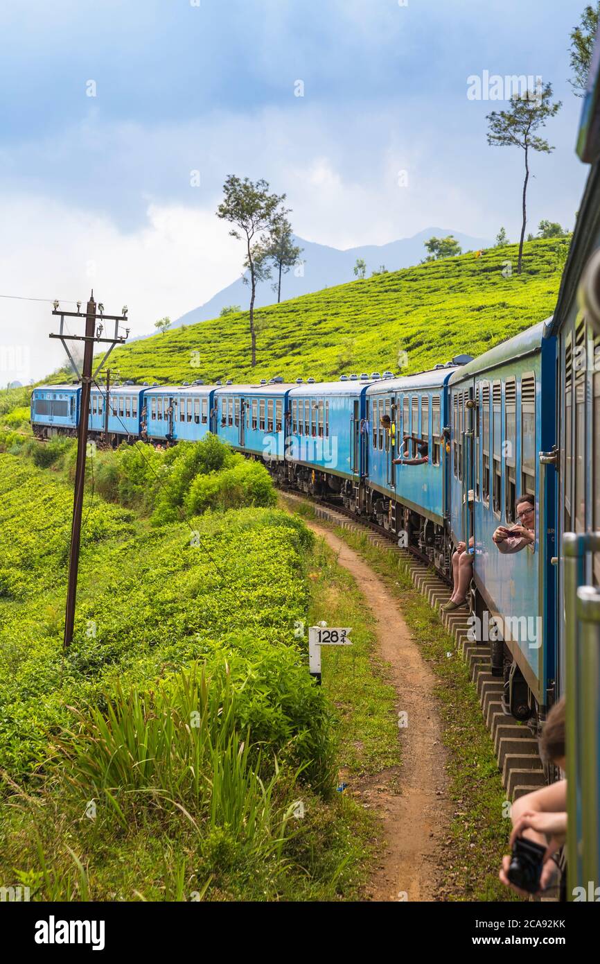 Kandy nach Badulla Zug neben Tee Anwesen, Nuwara Eliya, Central Province, Sri Lanka, Asien Stockfoto