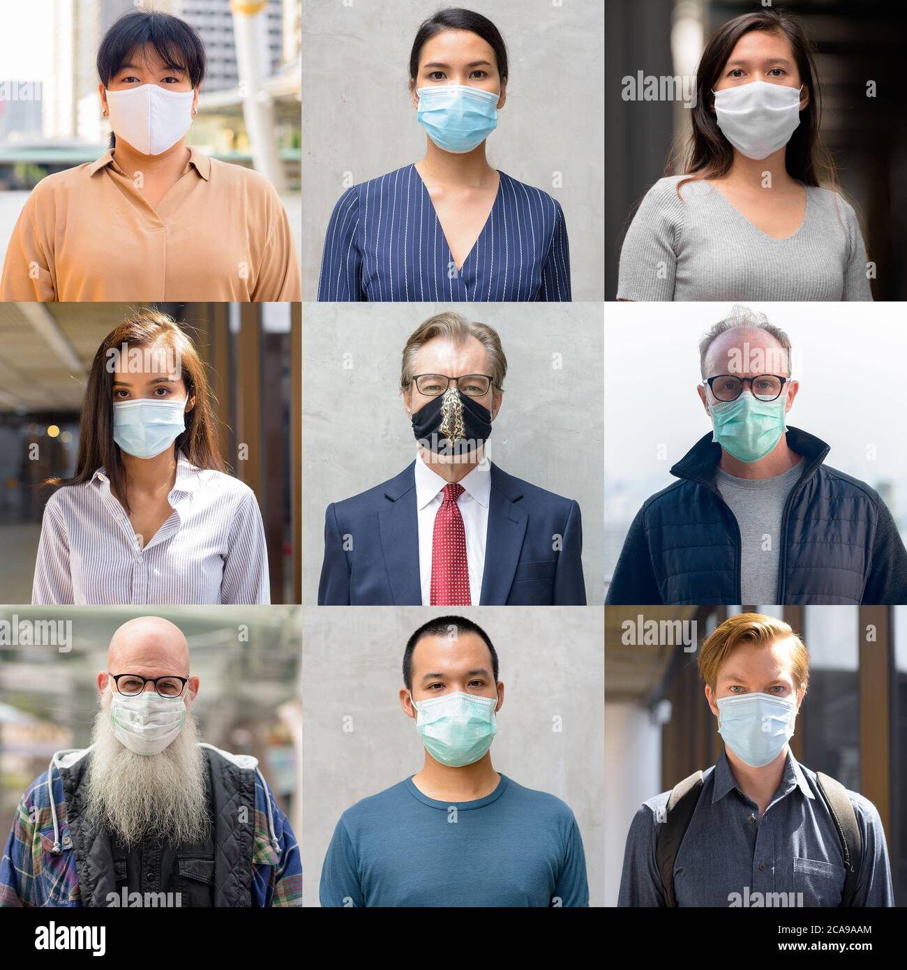 Gruppe gemischter Personen mit Maske zum Schutz vor Coronavirus-Ausbruch an verschiedenen Standorten als Covid-19-Konzept Stockfoto