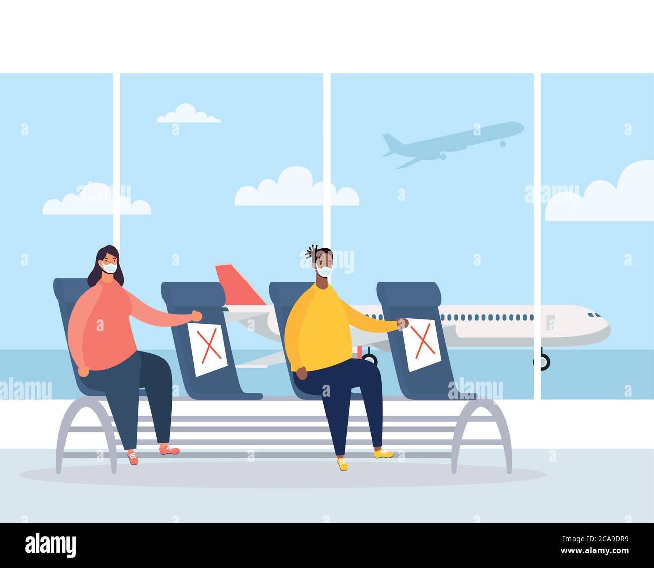Interracial paar Reisende in Flughafen Wartesaal Avatare Zeichen Vektor Illustration Design Stock Vektor