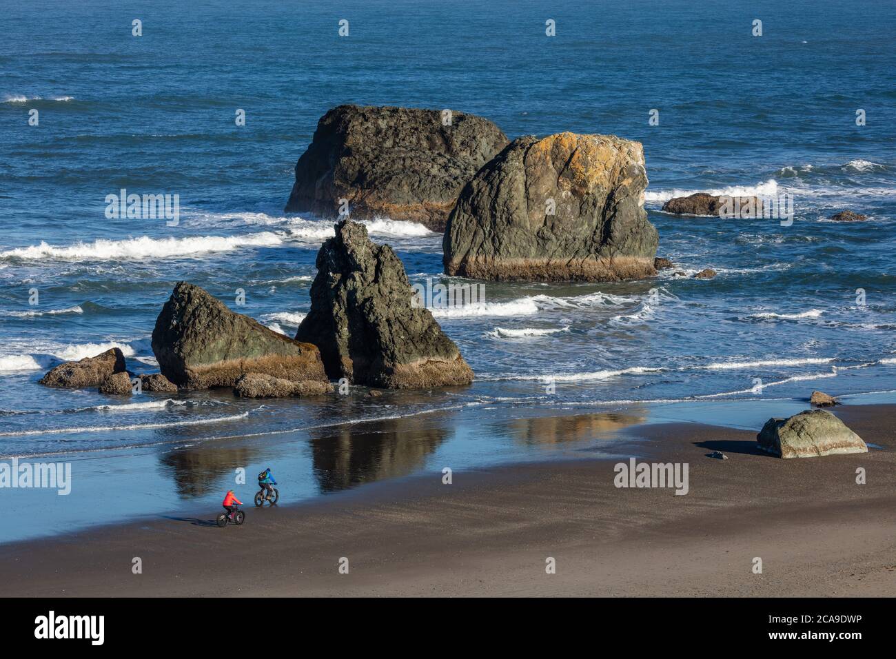 2 Personen fahren mit dem Fahrrad entlang der Küste, Bandon, Oregon Stockfoto