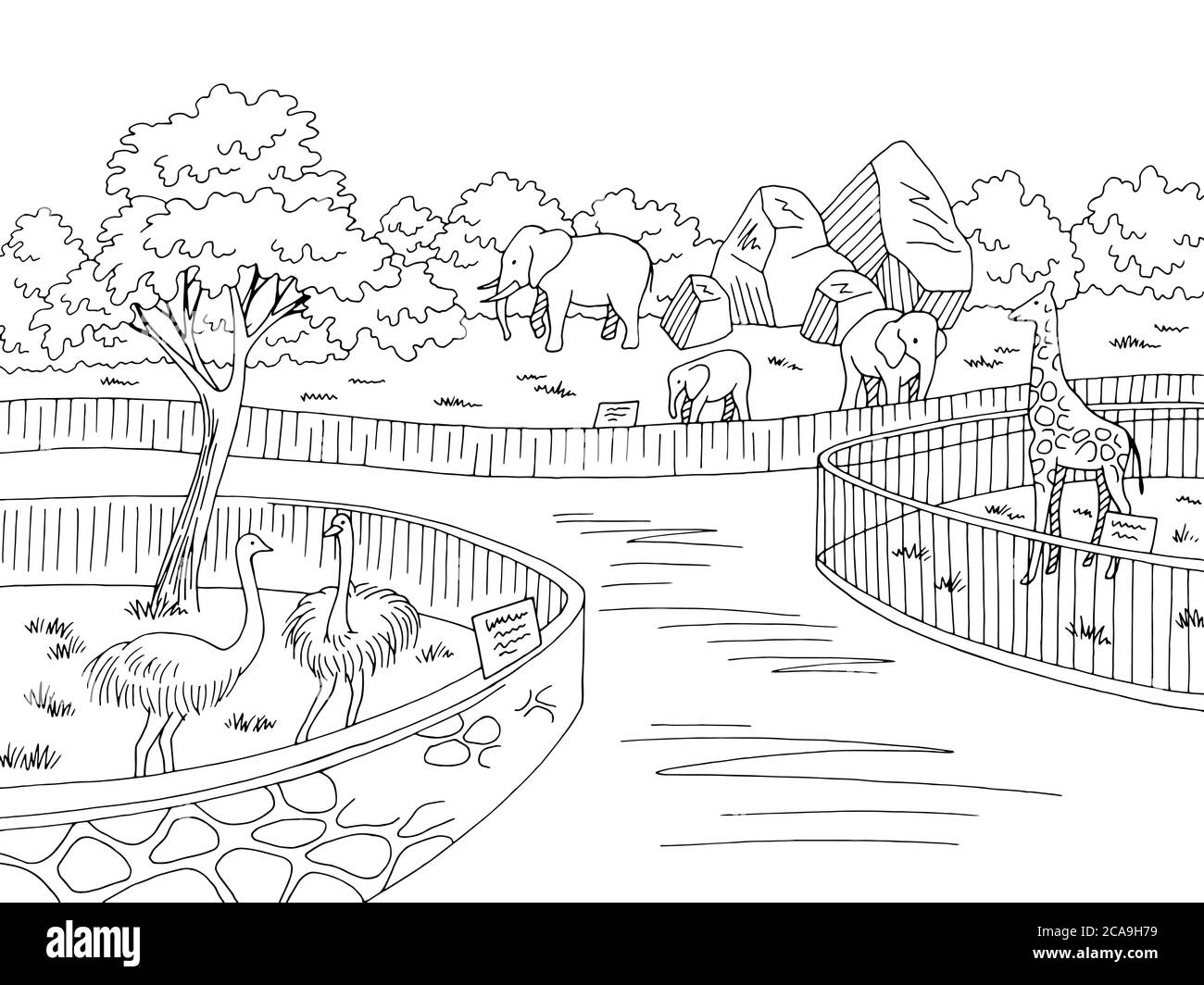 Zoo Park Grafik schwarz weiß Landschaft Skizze Illustration Vektor Stock Vektor