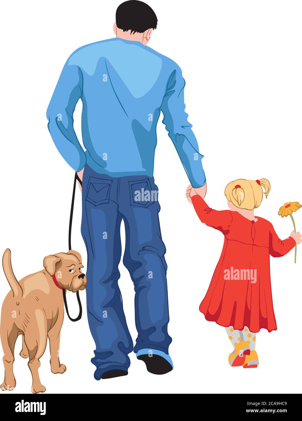 Mann in blauem T-Shirt und Jeans, der mit seiner Tochter in rotem Kleid mit einer gelben Blume in der Hand geht, Hund schaut zurück. Vektor Stock Vektor