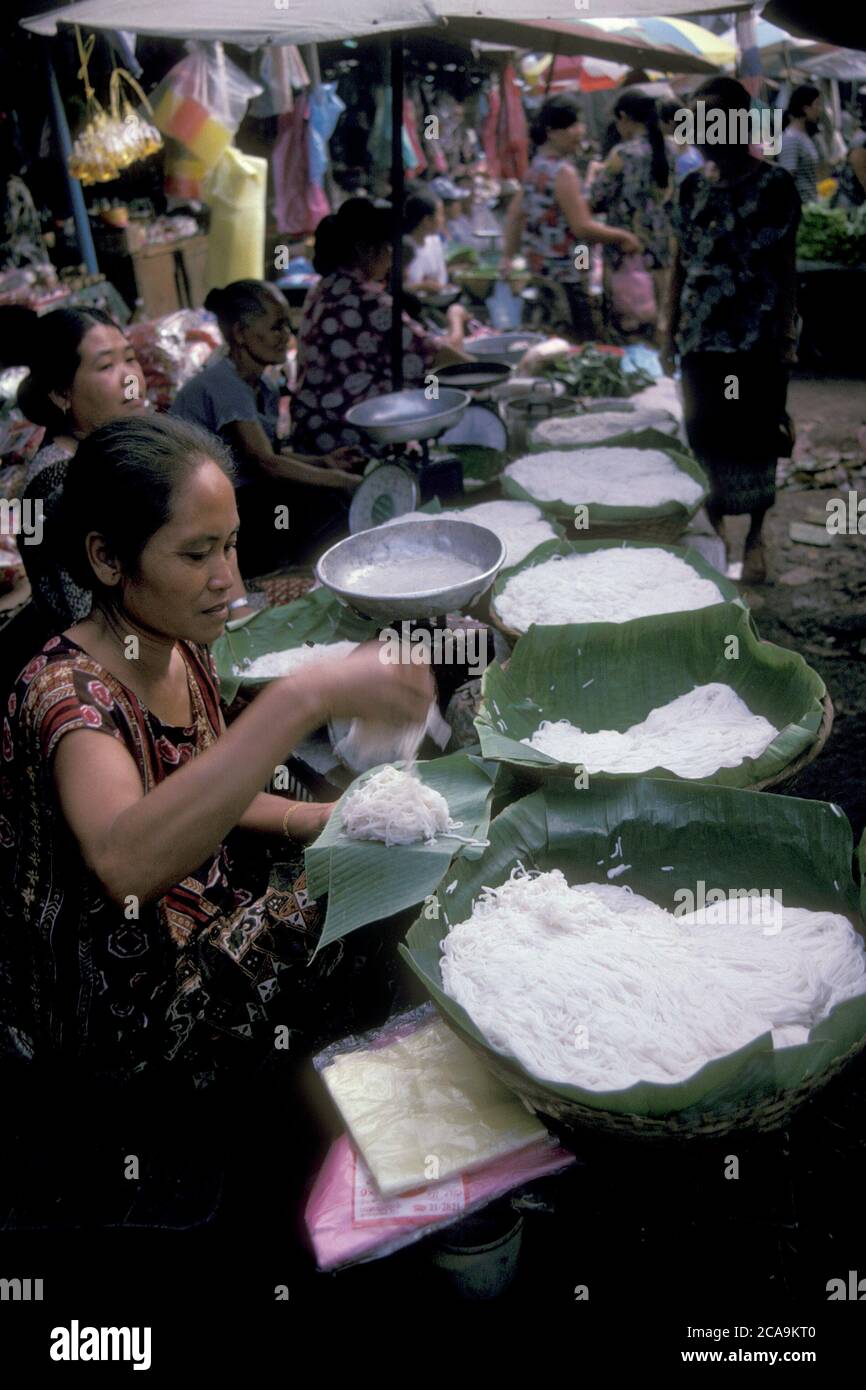 Ein Lebensmittelmarkt die Stadt Pakse in der Provinz Champasak in Lao im Süden von Lao. Lao, Pakse, Juli 1996 Stockfoto