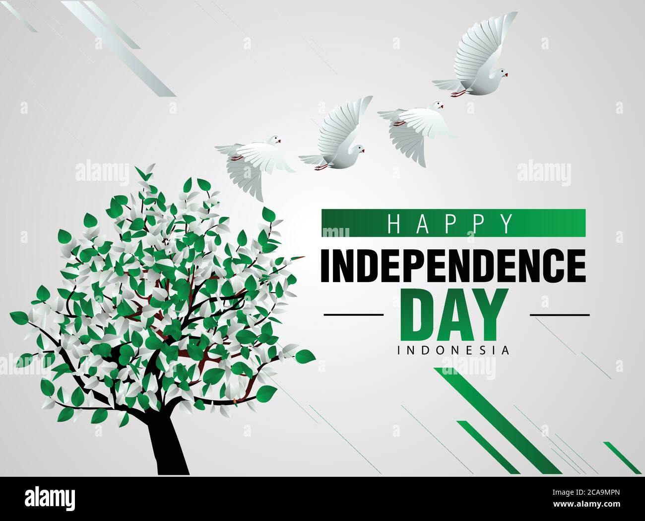 Happy Independence Day Pakistan 14. august. Taube fliegen mit Flagge farbigen Baum. vektor-Illustration Stock Vektor
