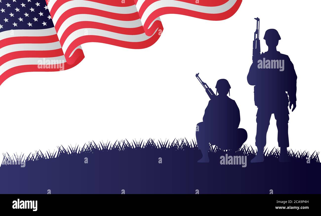 Soldaten Figuren Silhouetten in usa Flagge Hintergrund Vektor Illustration Design Stock Vektor