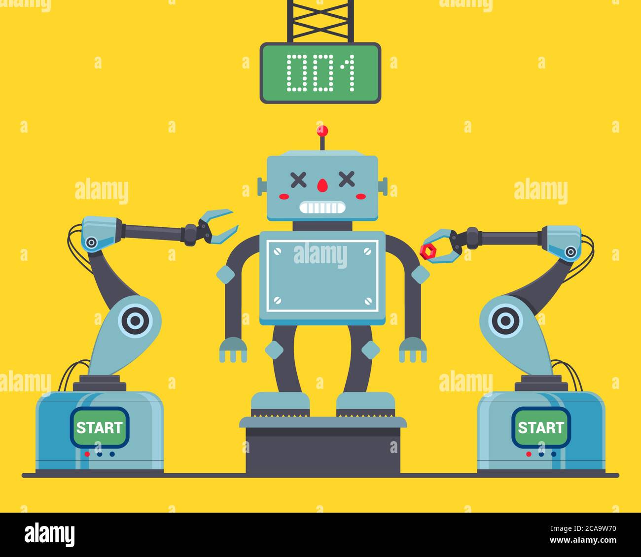 Montage des Roboters in der Fabrik mit Roboterklischees. Vektorgrafik für flache Zeichen. Stock Vektor