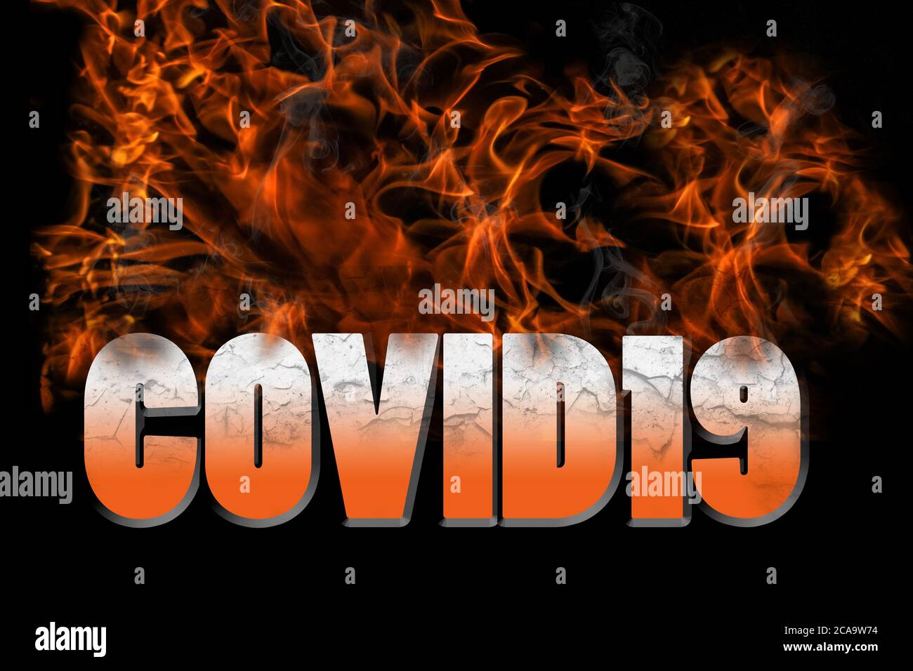 COVID19 Wort im Feuer für Konzepte im Gesundheitswesen und medizinischen Bereich zur Zerstörung dieses Coronavirus. Das Wort ist gebrochen und in Flammen und Rauch auf Stockfoto