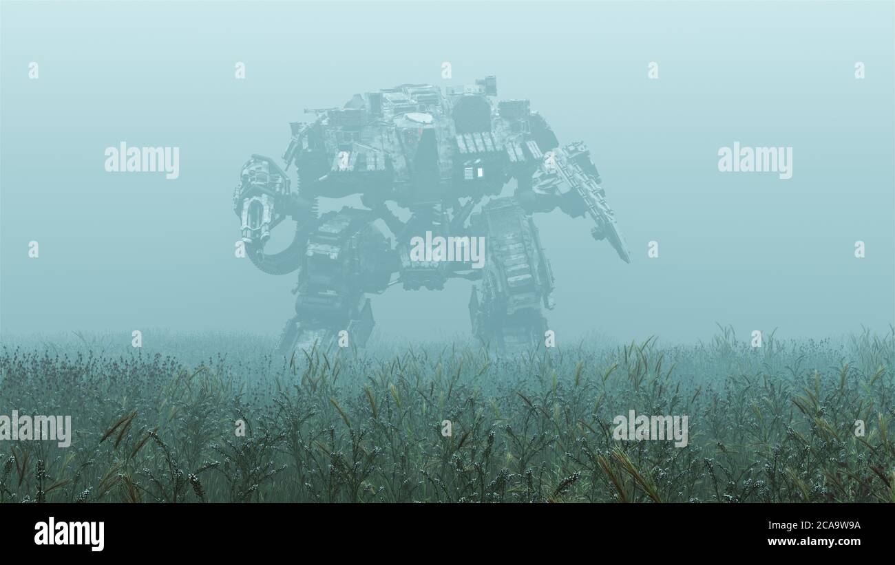 Futuristische KI Battle Droid Cyborg Mech mit glühender Linse, die in einem Foggy-Feld steht Stockfoto