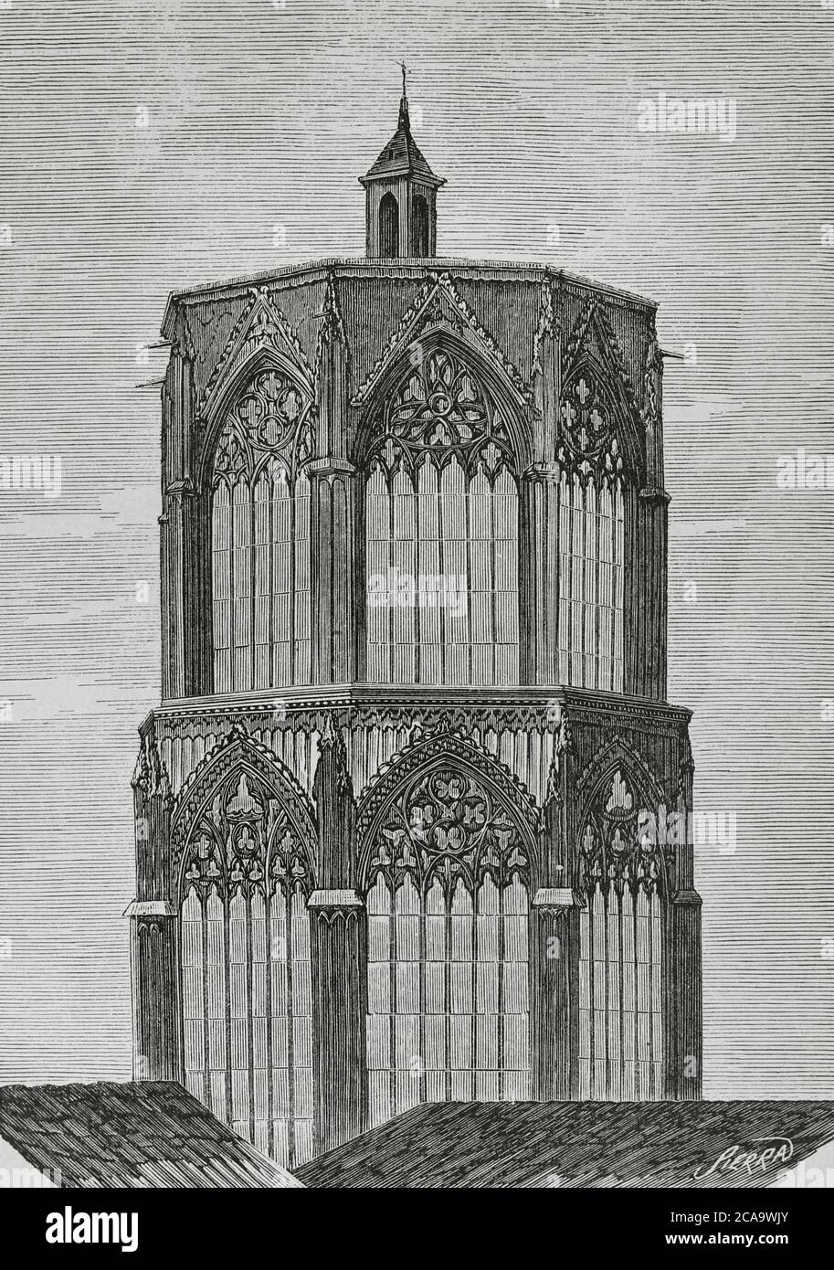 Spanien, Valencia. Laterne Turm der Kathedrale. Gravur von Sierra, 19. Jahrhundert. Cronica General de España. Historia Ilustrada y Descriptiva de sus Provincias. Valencia, 1867. Stockfoto