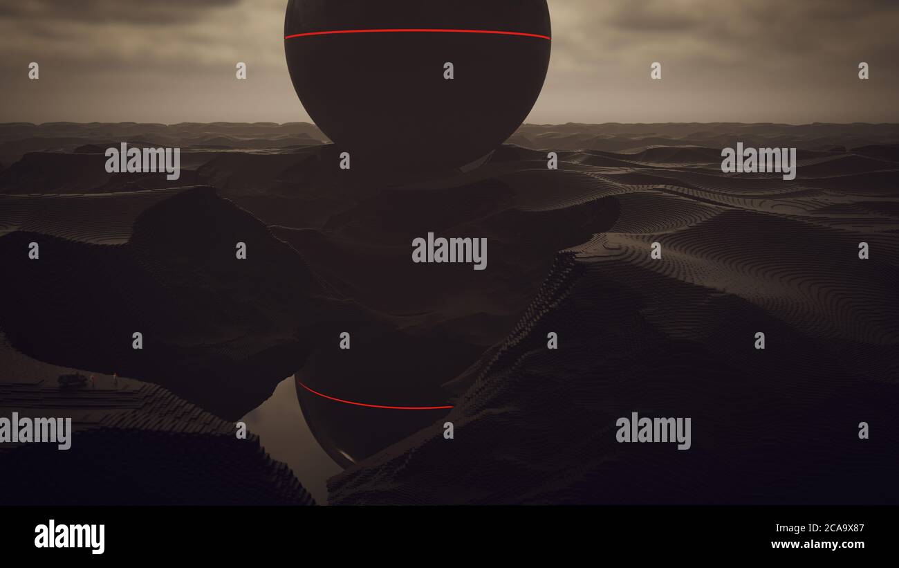 Riesen Alien Sphere Schwarz Geometrische Abstrakt Cube Windswept Canyon Landschaft mit Tiefenschärfe und 2 Männer in Hazmat Suites 3d-Illustration 3d-Rendern Stockfoto