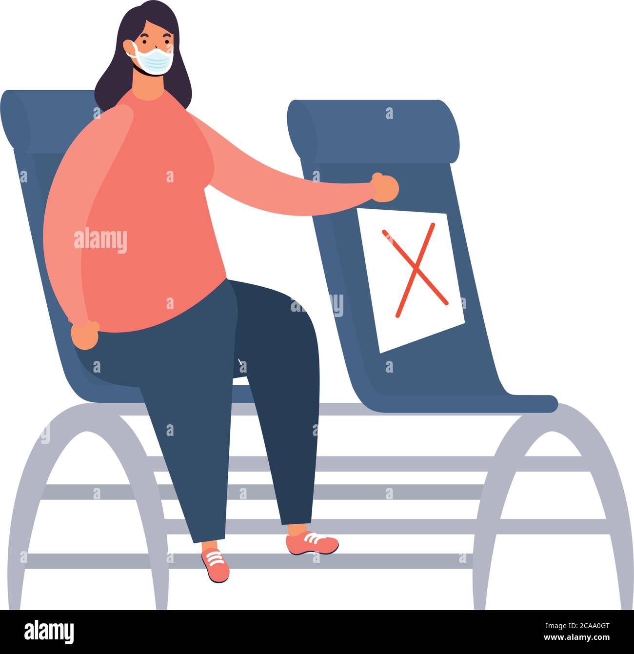 Junge Frau trägt medizinische Maske in Flughafen Wartesaal Stühle Vektor Illustration Design sitzen Stock Vektor