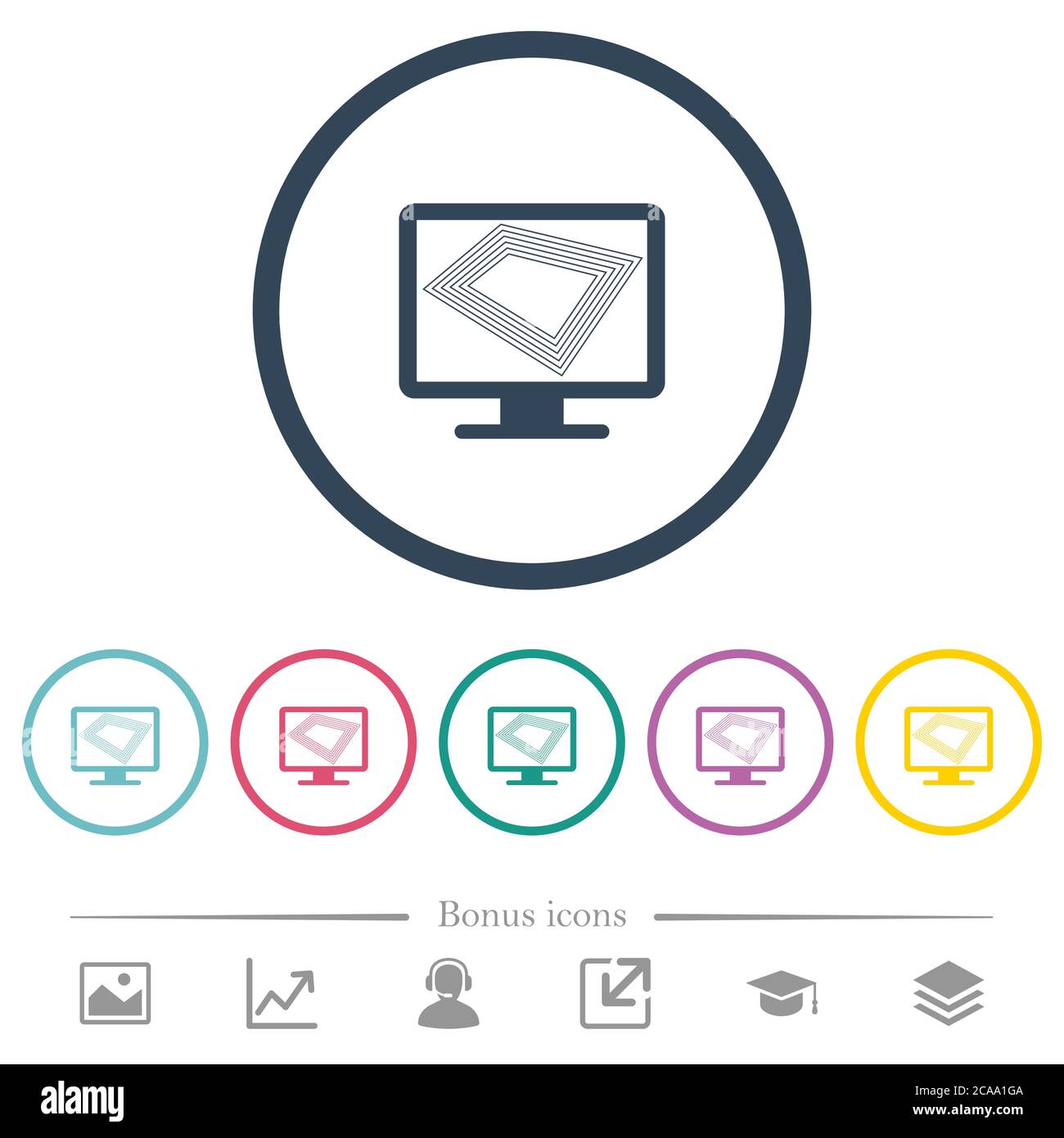 Bildschirmschoner auf dem Bildschirm flache Farbsymbole in runden Umrissen. 6 Bonus-Symbole enthalten. Stock Vektor